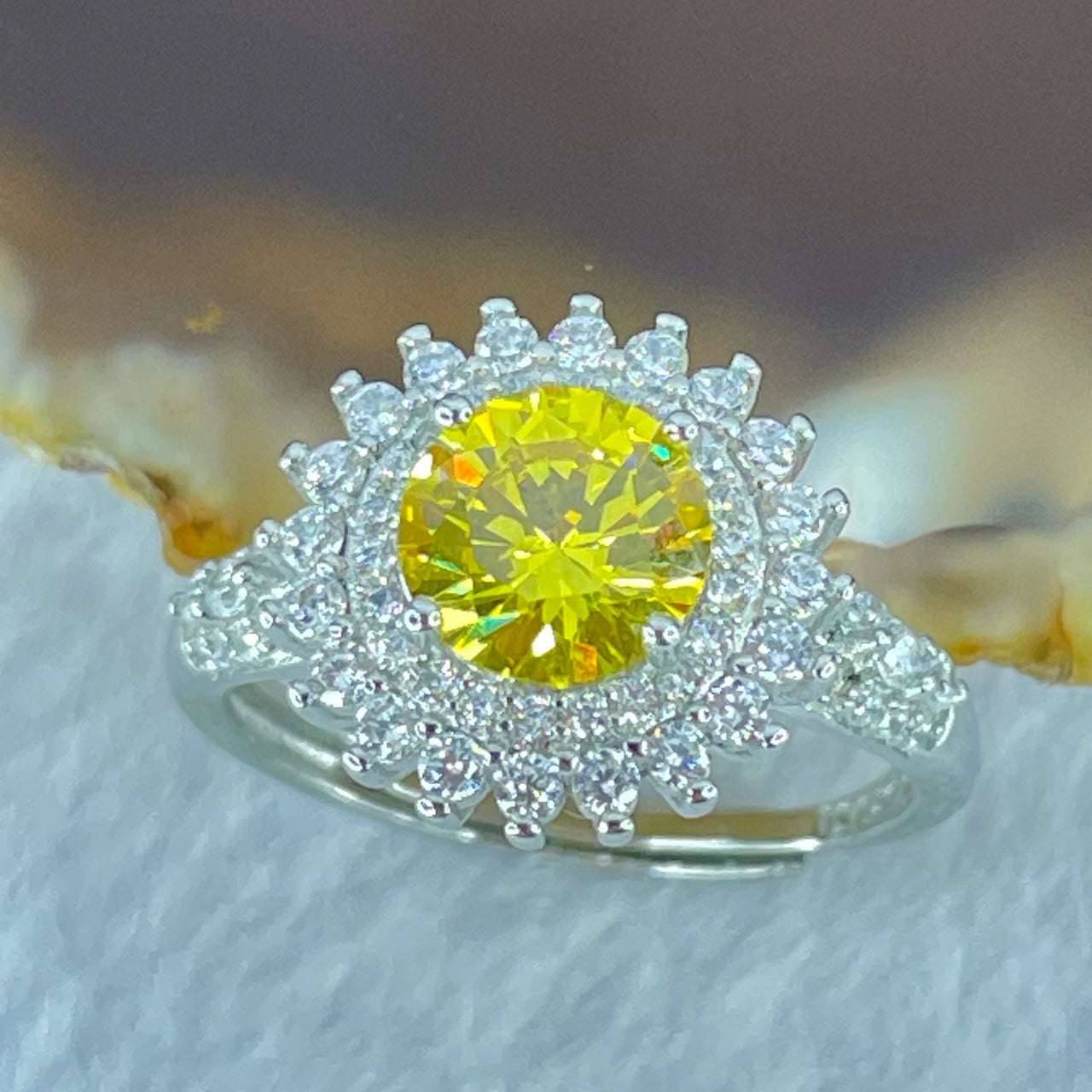 Yellow Cubic Zirconia with Crystals in PT950 Plated Sliver Ring 2.75g 7.5 by 3.5mm