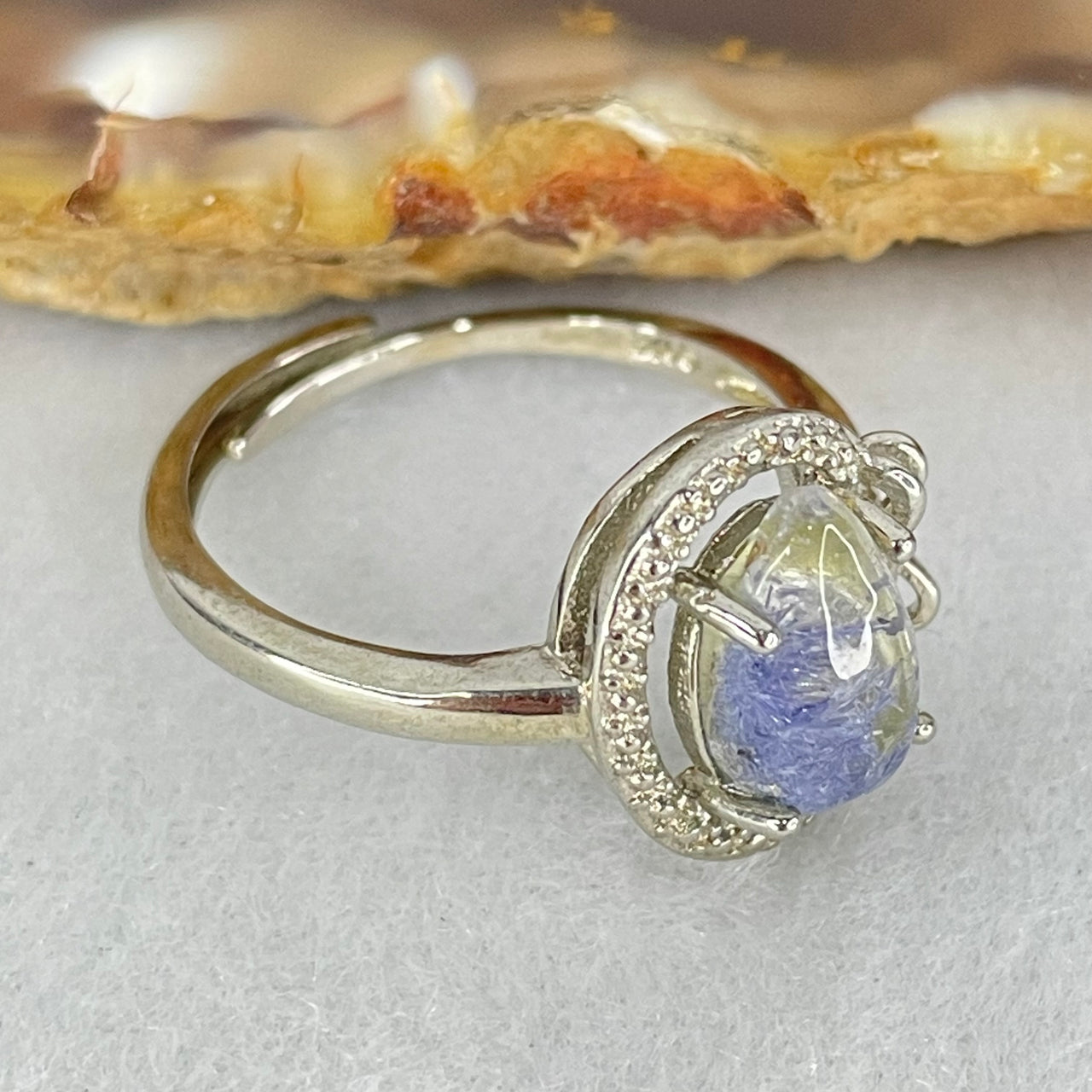 Rare Good Grade Natural Blue Dumortierite Rutilated Quartz in S925 Sliver Ring (Adjustable Size) 2.23g 9.8 by 6.7 by 3.6mm