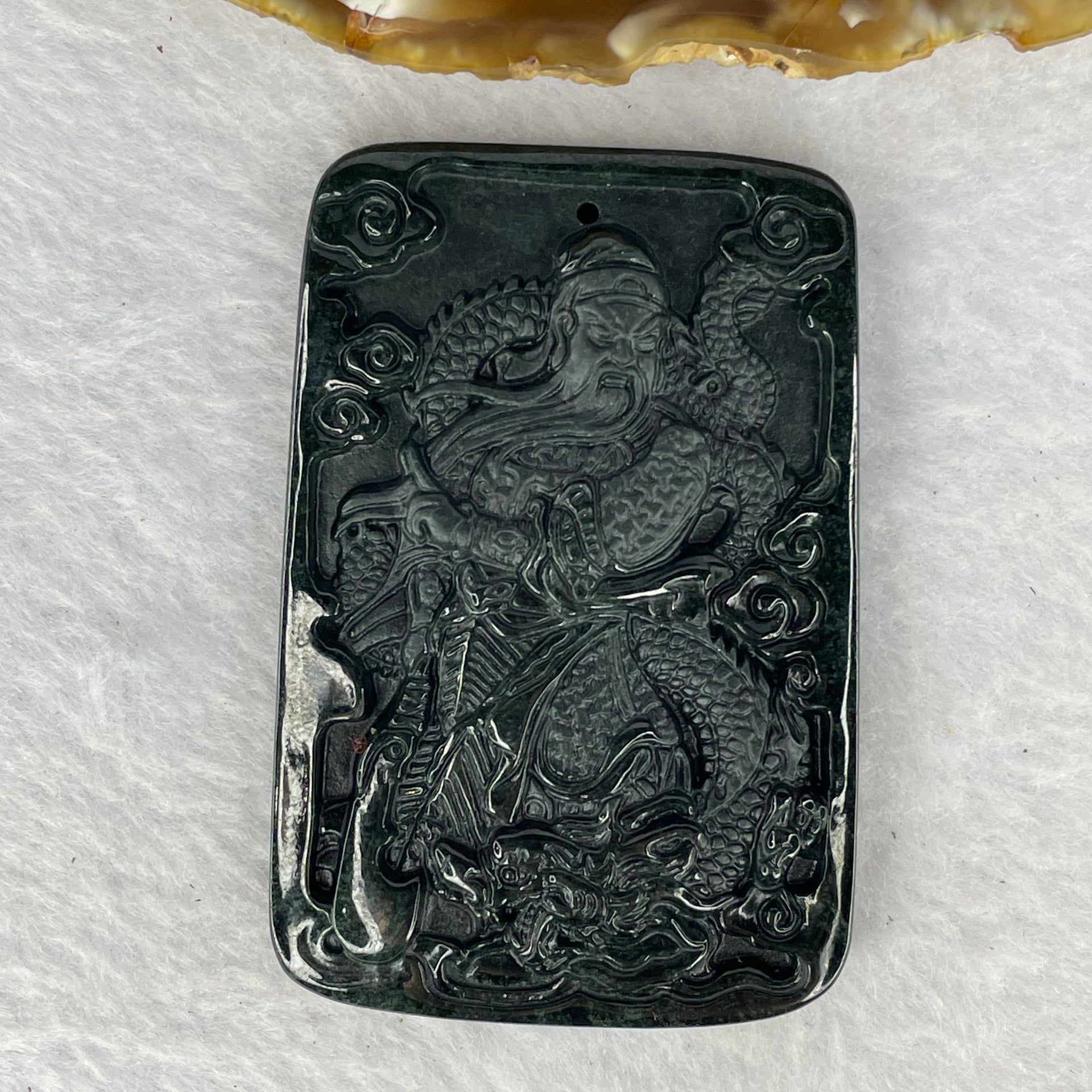 Type A Partial Translucent Black Omphasite Jadeite Guan Gong with Dragon Pendent A货部分半透明黑色绿辉石翡翠关公龙吊坠 35.15g 66.6 by 44.6 by 7.4 mm - Huangs Jadeite and Jewelry Pte Ltd