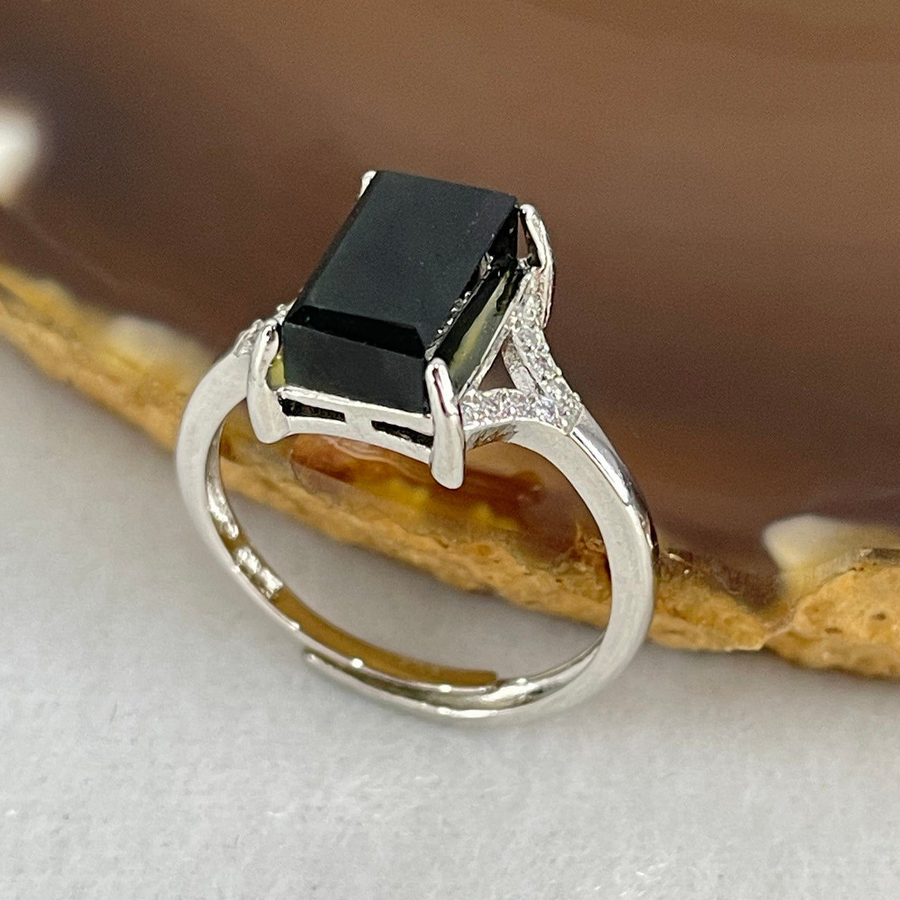 Type A Black Omphasite Jadeite Rectangle in S925 Sliver Ring (Adjustable Size) 1.99g 9.6 by 6.2 by 3.5mm