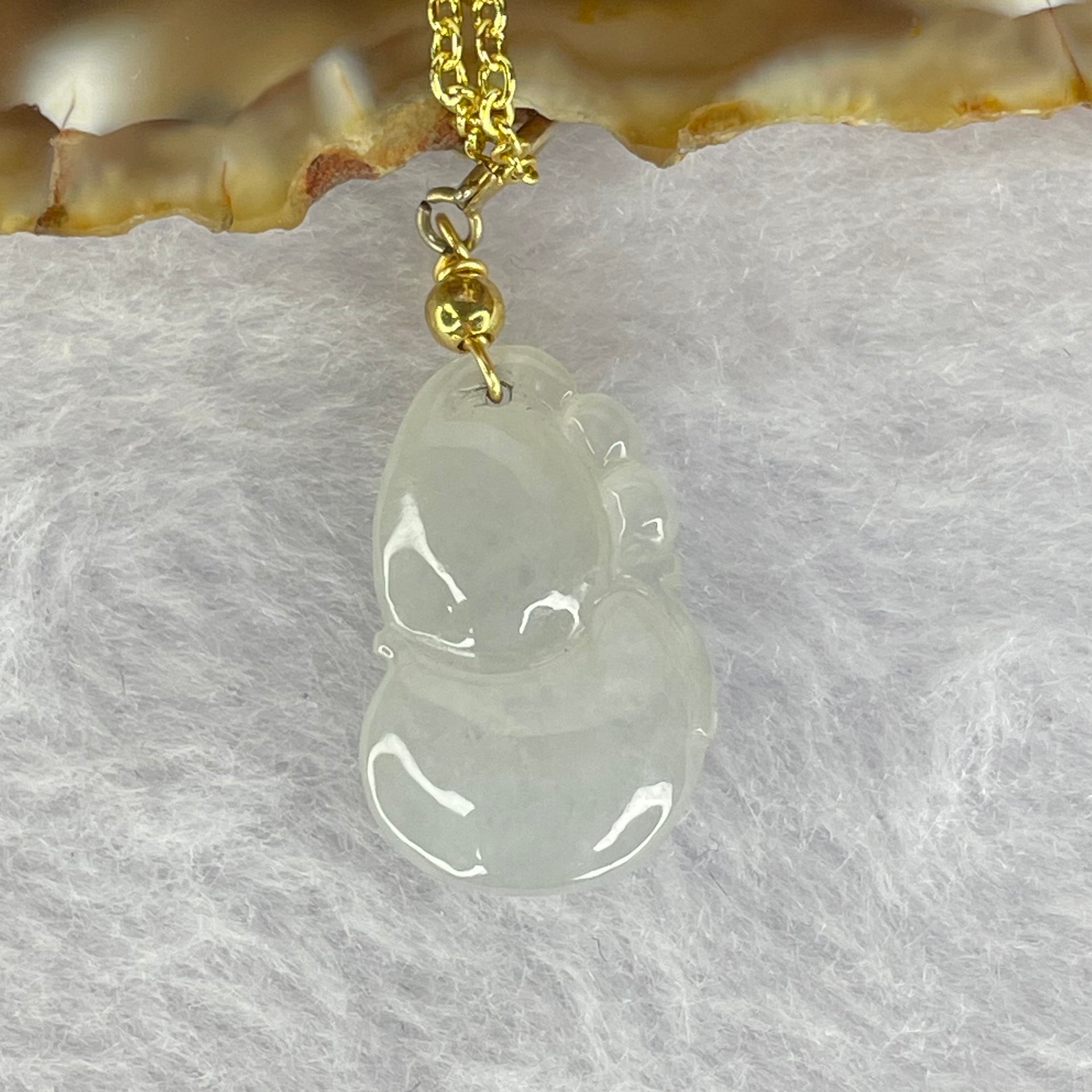 Type A Semi Icy White Jadeite Hulu in 14KGF Necklace 2.35g by 19.8 by 12.8 by 5.6mm - Huangs Jadeite and Jewelry Pte Ltd