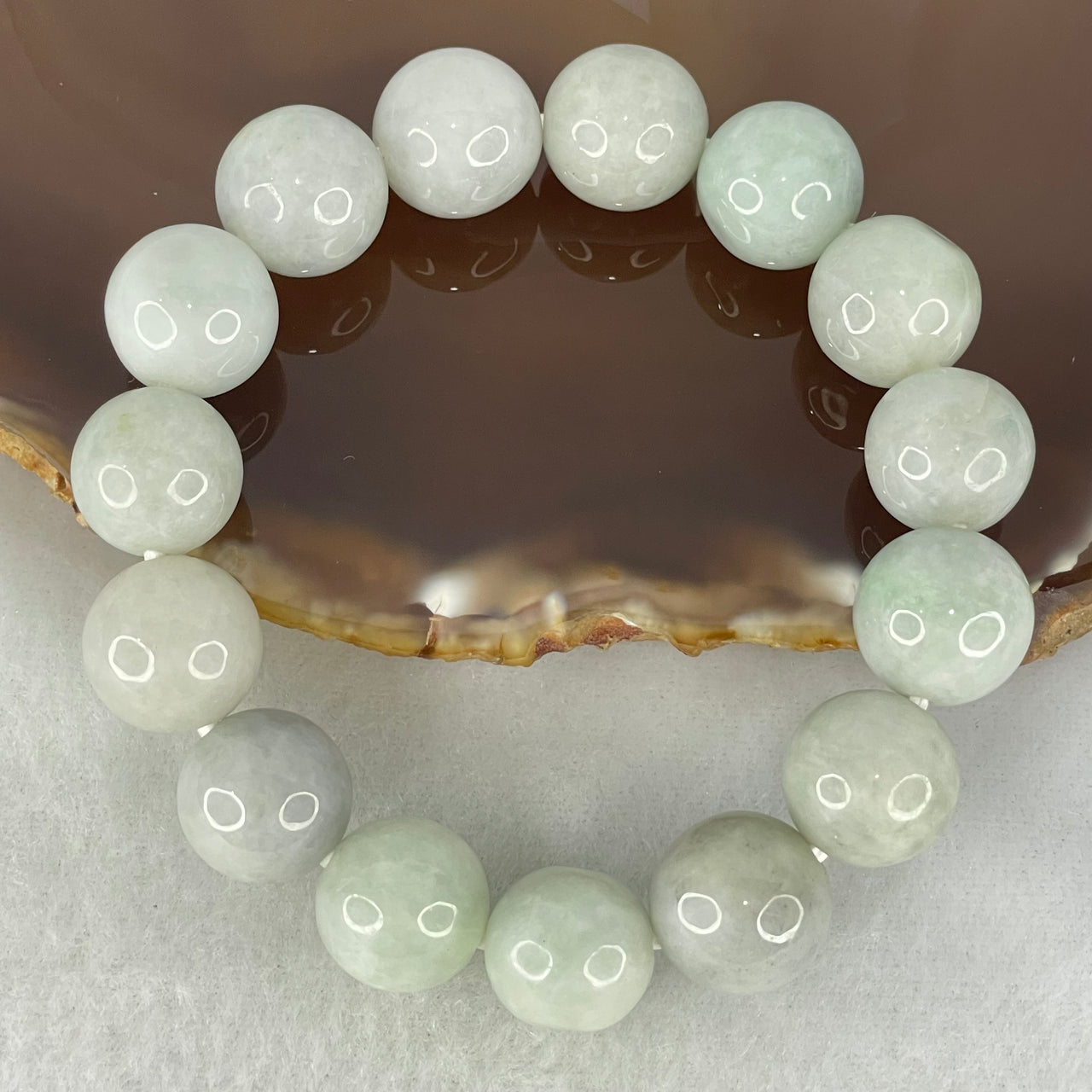 Type A Light Green Jadeite Beads Bracelet 69.44g 18cm 14.1mm 15 Beads