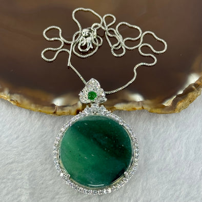 Type A Blueish Green Jadeite Round Wu Shi Pai 28.5 by 4.5mm Pendent with Crystals in S925 Sliver Necklace 15.02g