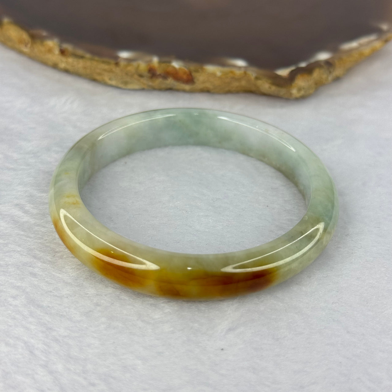 Type A Green with Piao Hua and Brown Patches Bangle 36.73g 10.2 by 7.4 mm Internal Diameter 53.4 mm (External Line) - Huangs Jadeite and Jewelry Pte Ltd