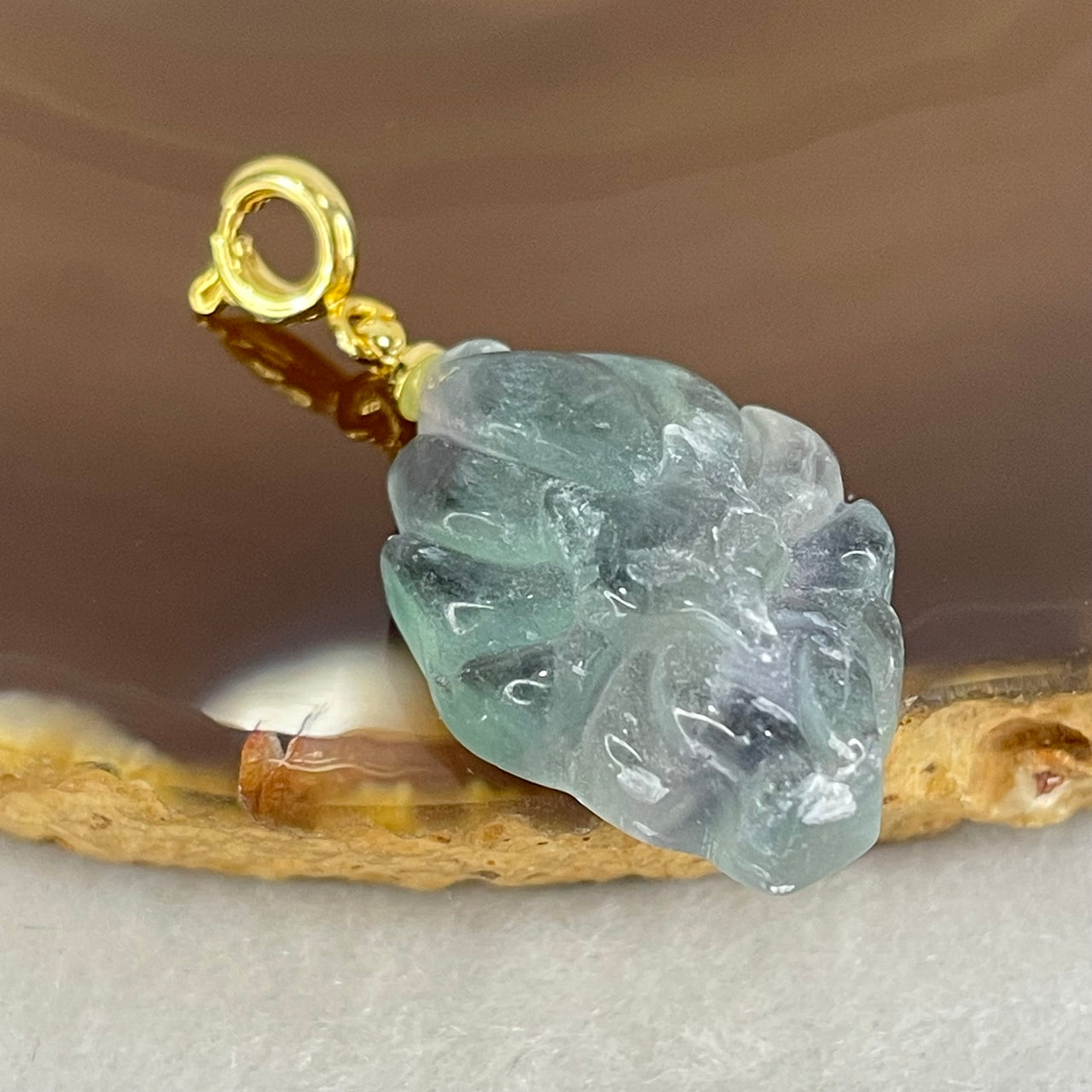 Natural Green and Purple Fluorite 9 Tail Fox Charm Pendant 4.73g 23.5 by 15.9 by 7.7mm