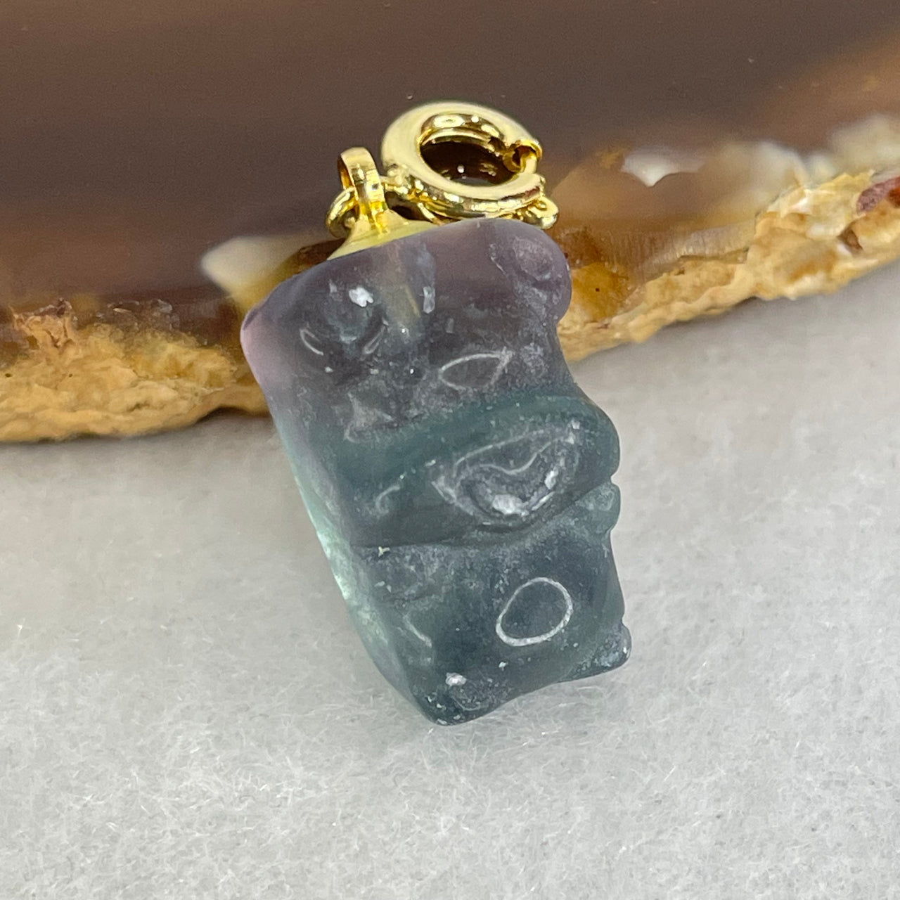 Natural Purple and Green Fluorite Ox Charm Pendant 4.10g 17.3 by 10.9 by 9.9mm