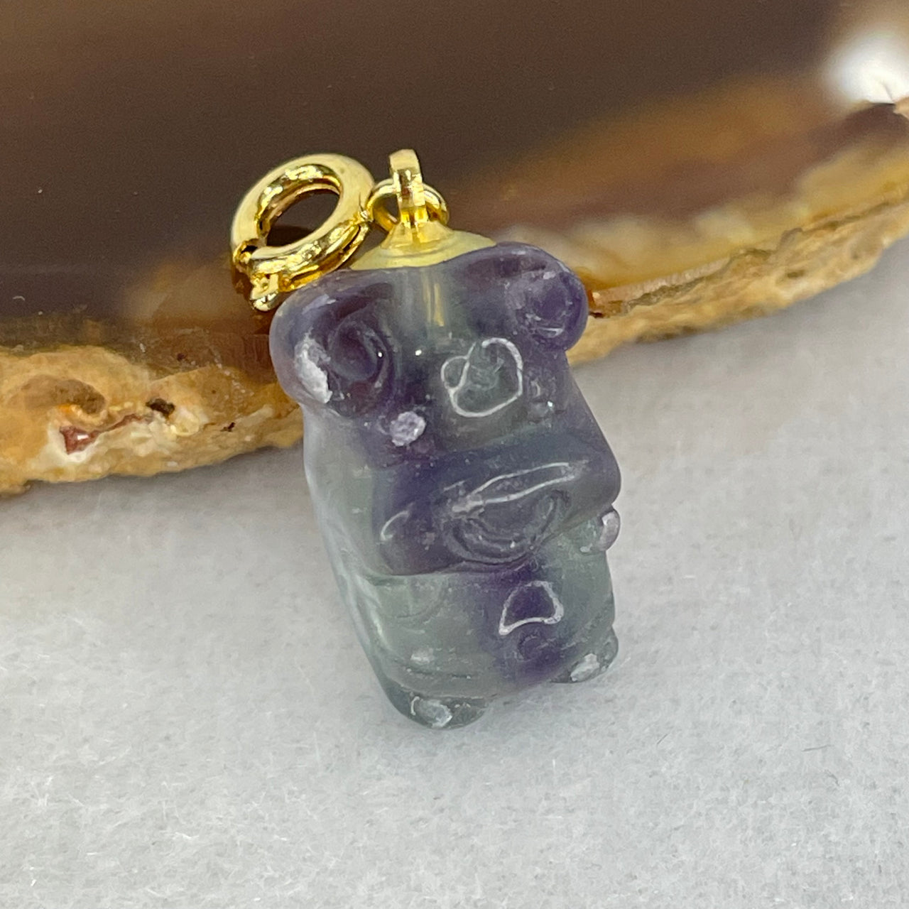 Natural Purple and Green Fluorite Ox Charm Pendant 3.51g 17.2 by 11.0 by 8.6mm