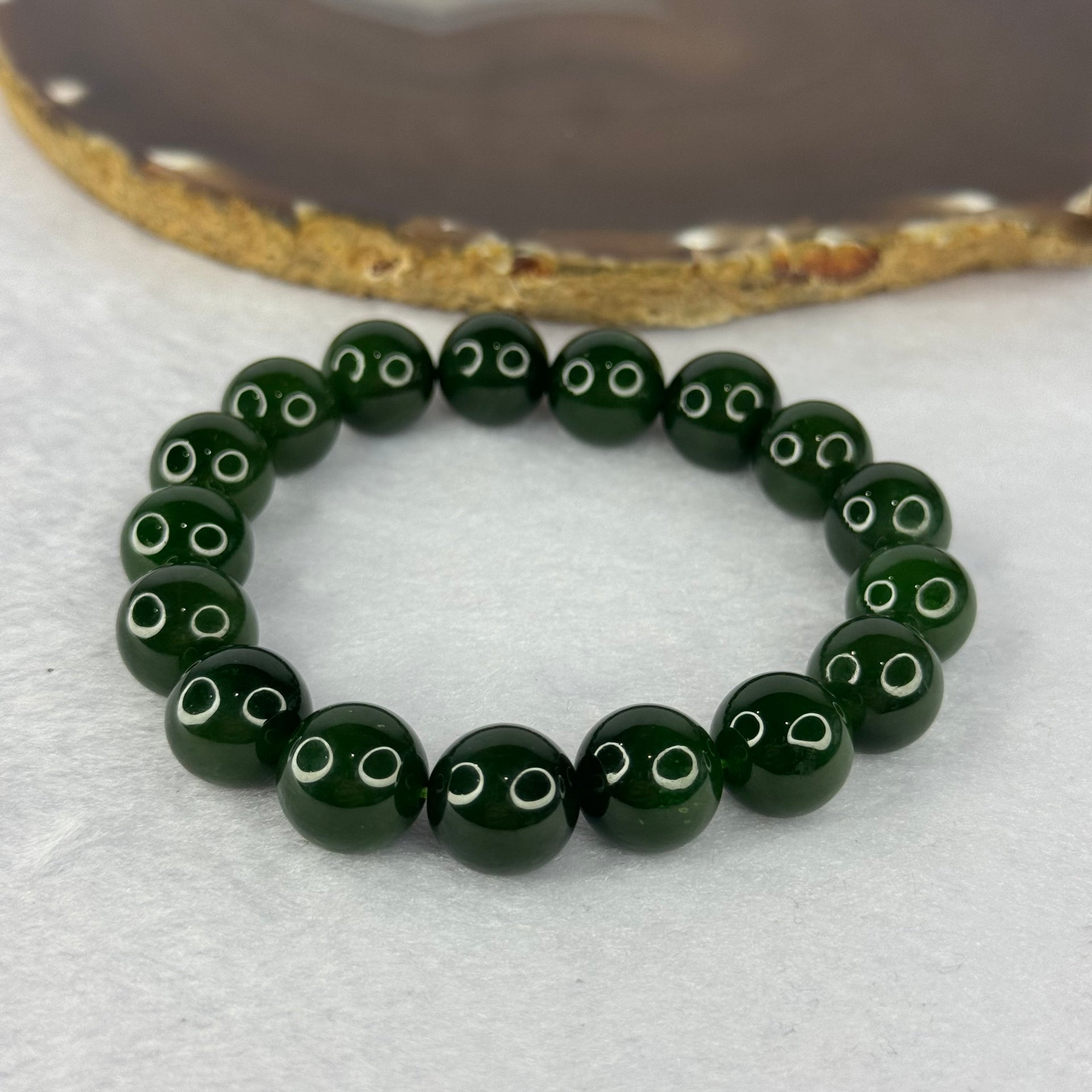 Old Mine Natural Deep Vibrant Green Nephrite Jade Beads Bracelet 天然和田玉手链 44.67g 17.5cm 12.1mm 17 Beads - Huangs Jadeite and Jewelry Pte Ltd