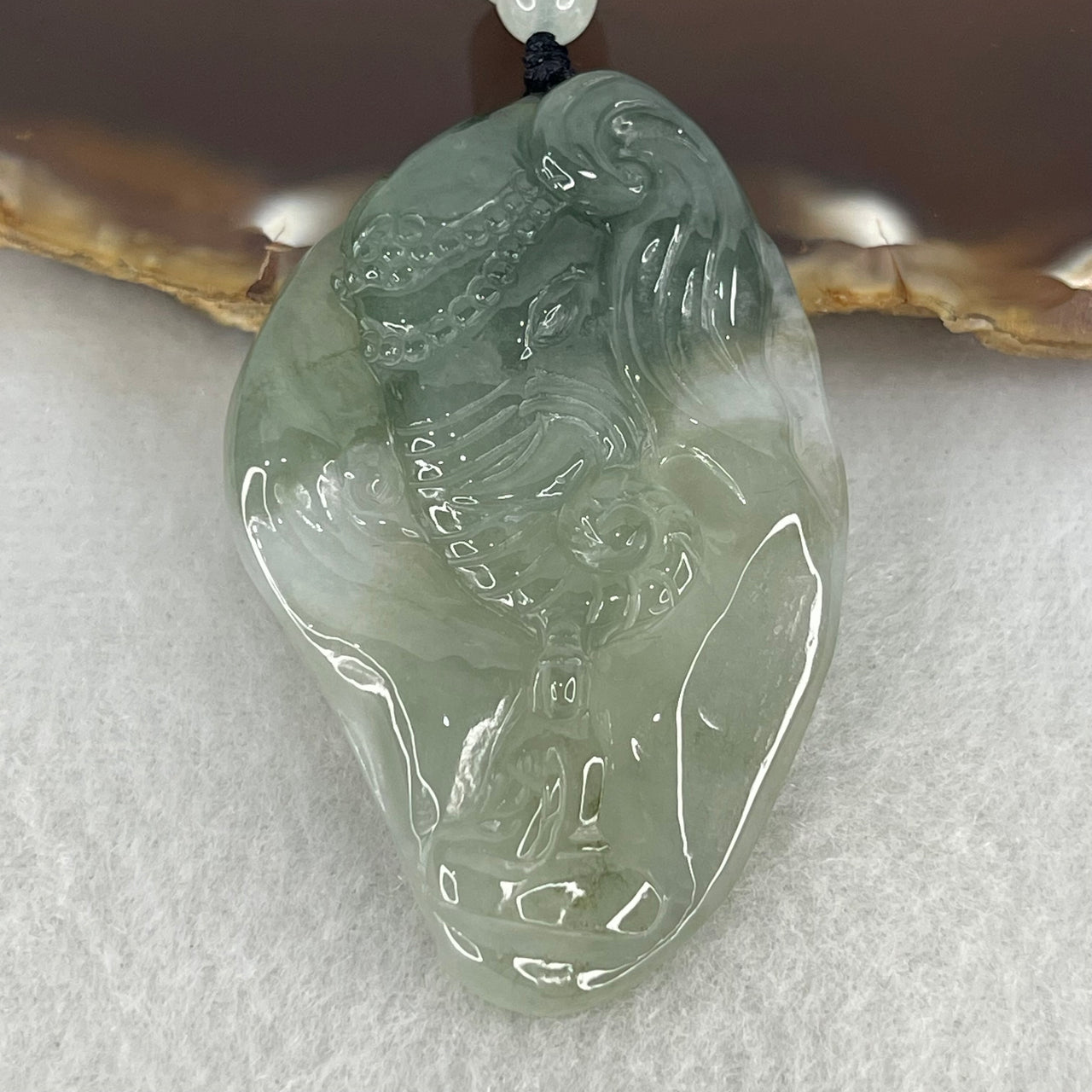 Type A Semi Icy Blueish Green  Jadeite Guan Yin and Elephant Samantabhadra Bodhisattva Pendant 21.65g 51.8 by 33.7 by 7.9mm