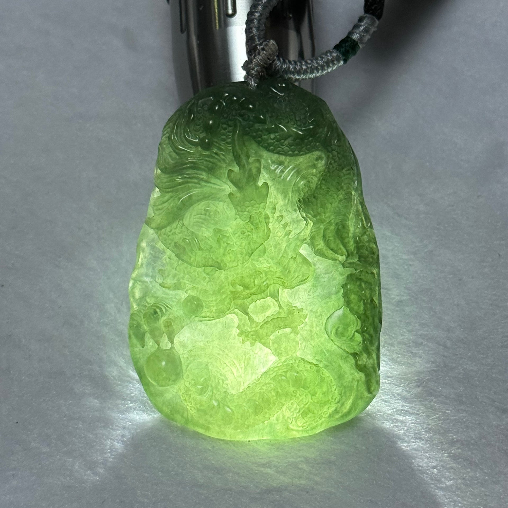 Type A Semi Icy Intense Green Jadeite Dragon Pendent 57.55g 63.1 by 44.4 by 11.3mm - Huangs Jadeite and Jewelry Pte Ltd