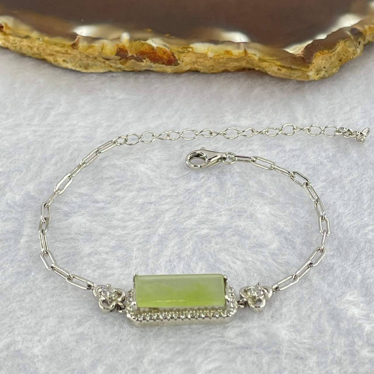 Type A Icy Green Jadeite Mini Rectangle Wu Shi Pai with Crystals in S925 Sliver Bracelet 4.18g 14.8 by 7.0 by 1.6mm