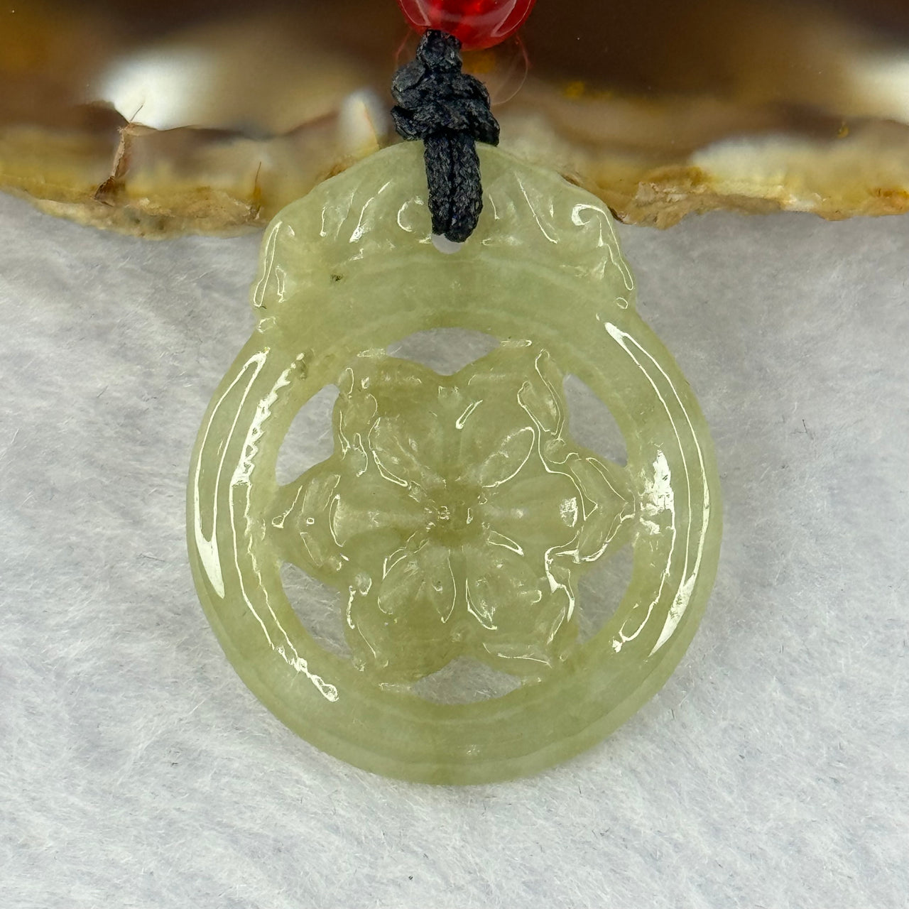 Type A Yellowish Green Jadeite Flower Pendent 4.15g 26.6 by 22.3 by 2.8mm - Huangs Jadeite and Jewelry Pte Ltd