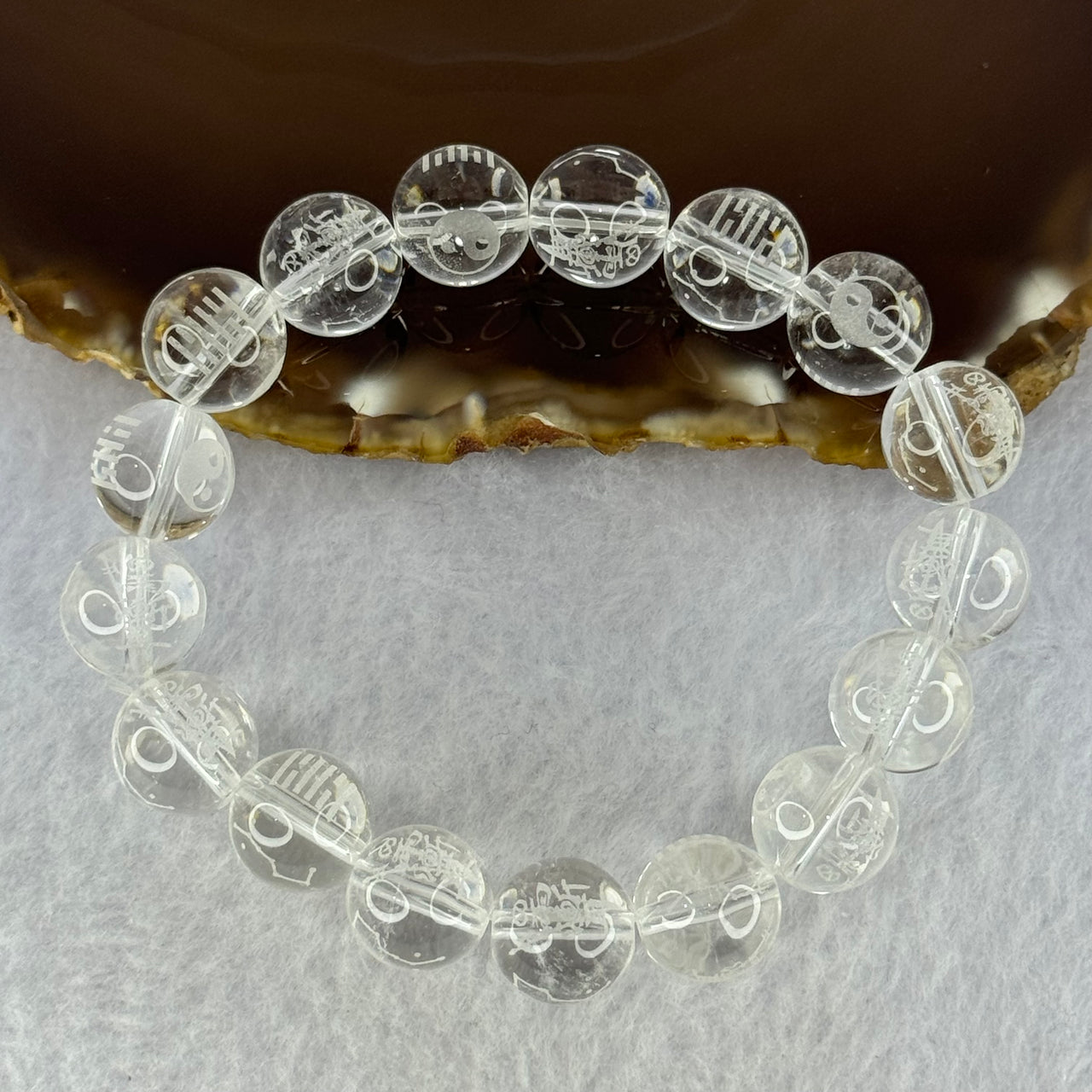 Natural Clear Quartz Beads with Inscription Bracelet 38.05g 17cm 11.9mm 17 Beads