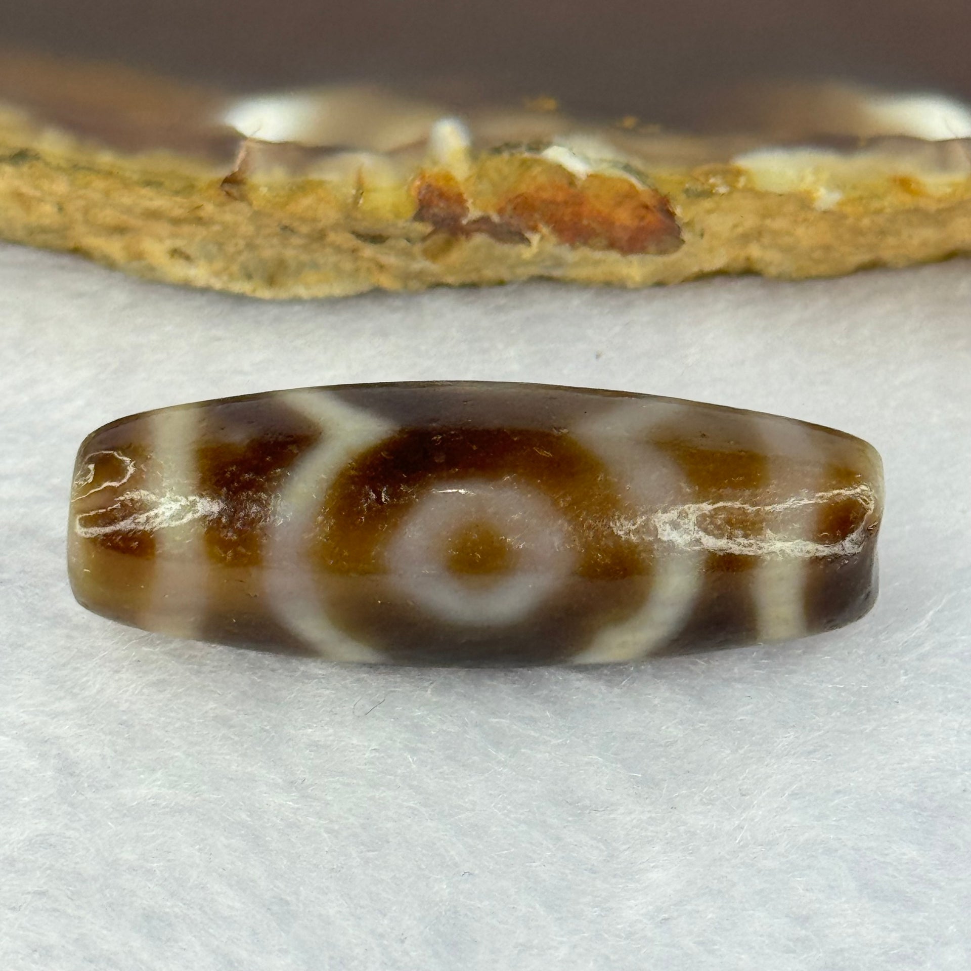 Natural Powerful Tibetan Old Oily Agate 3 Eyes Dzi Bead Heavenly Master (Tian Zhu) 三眼天诛 9.60g 37.3 by 13.0mm - Huangs Jadeite and Jewelry Pte Ltd