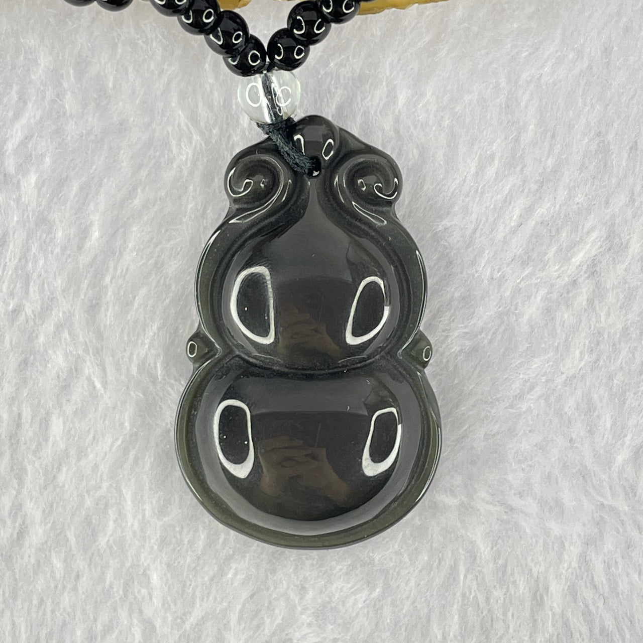 Black Obsidian and Clear Quartz Beads Necklace with Black Obsidian Hulu Pendant 15.32g 43.5 by 26.6 by 12.4mm