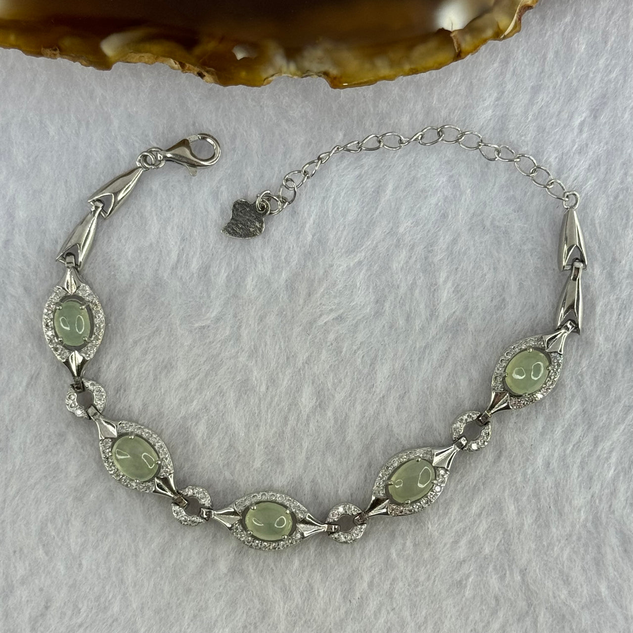 Type A Icy Light Green Cabochon Jadeite in S925 Sliver Bracelet with Zirconia 7.09g 6.1 by 5.0 by 2.0mm 5 pcs