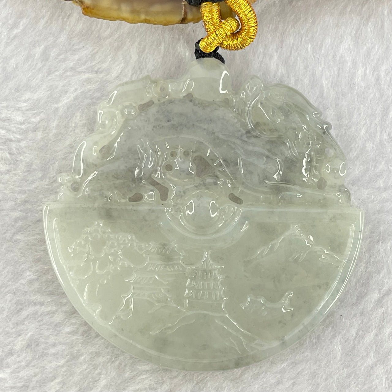 Type A Semi Icy Light Green with Wuji Grey Jadeite Double Sided Dragon on Shan Shui Pendent 30.34g 53.1 by 54.0 by 5.6mm