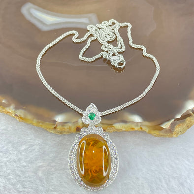 Natural Cognac Amber with Flower Inclusion and Crystals in S925 Sliver Pendent with Sliver Necklace 6.03g 20.5 by 13.6 by 6.0mm