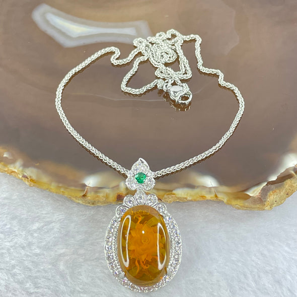 Natural Cognac Amber with Flower Inclusion and Crystals in S925 Sliver Pendent with Sliver Necklace 6.03g 20.5 by 13.6 by 6.0mm