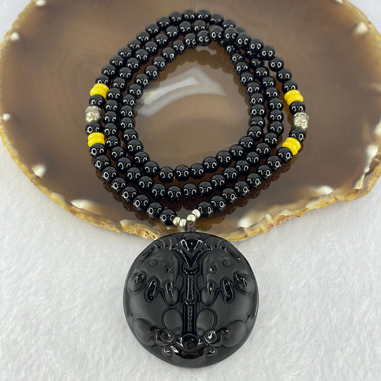 Black Onyx Beads Necklace with Black Obsidian Twin Pixiu Pendant 33.87g 45.4 by 12.4mm