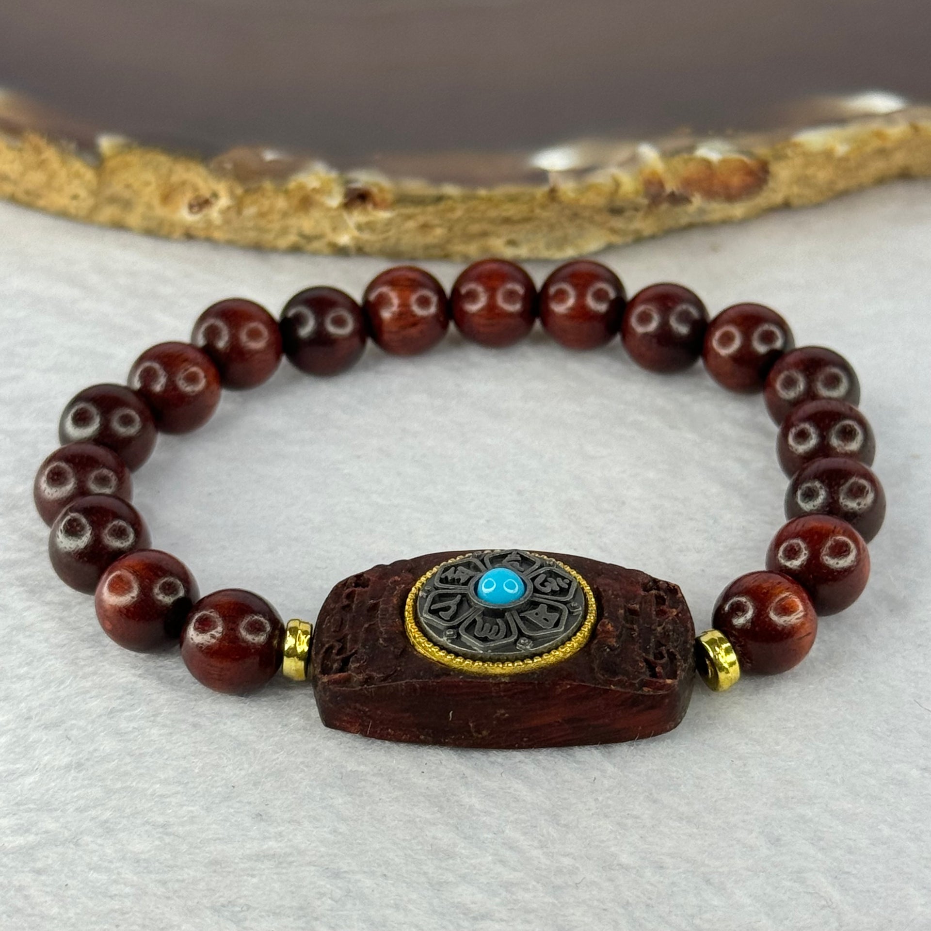 Natural Blood Zitan Beads with Rotating Turquoise Om Mani Padme Hum Powerful Mantra Bracelet 天然血檀木旋转唵嘛呢叭咪吽手链 10.86g 15cm 8.3mm 18 Beads / 30.1 by 17.5 by 6.8mm - Huangs Jadeite and Jewelry Pte Ltd