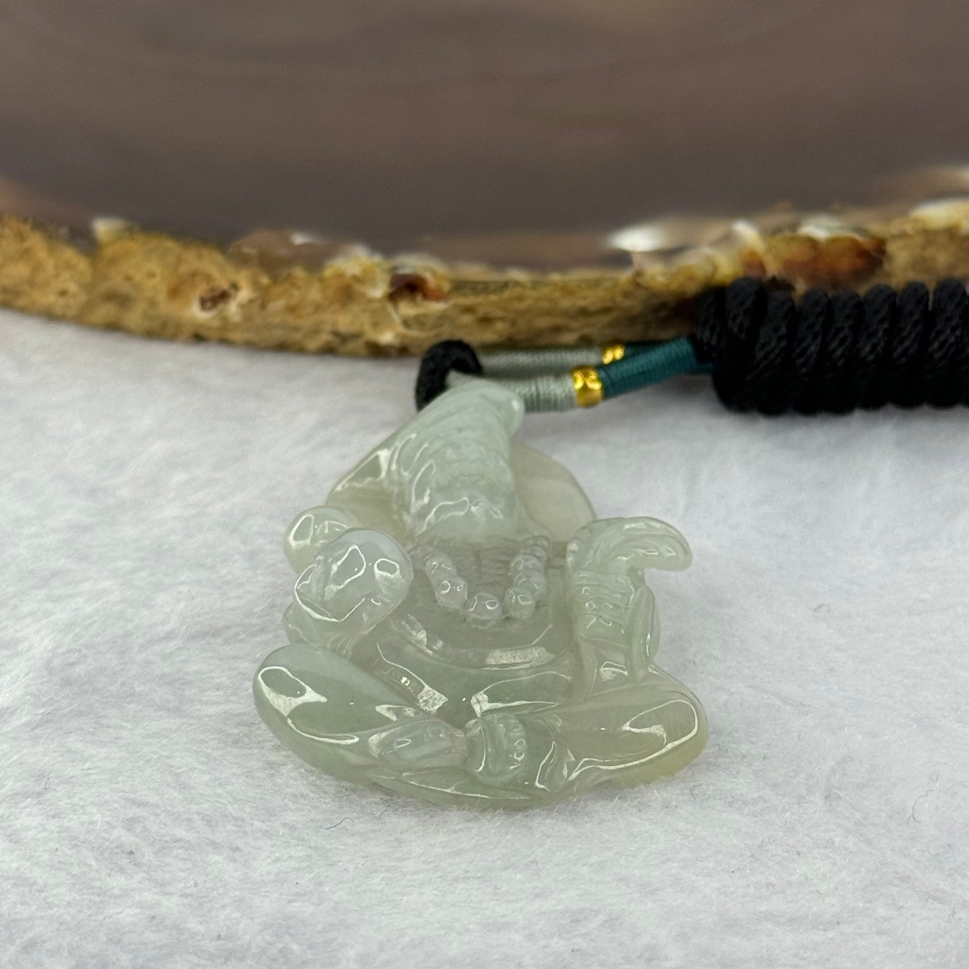 Type A Light Green Lavender Jadeite Ji Gong Pendent/ Mini Display with Wooden Stand 107.83g 83.0 by 75.4 by 46.6mm - Huangs Jadeite and Jewelry Pte Ltd