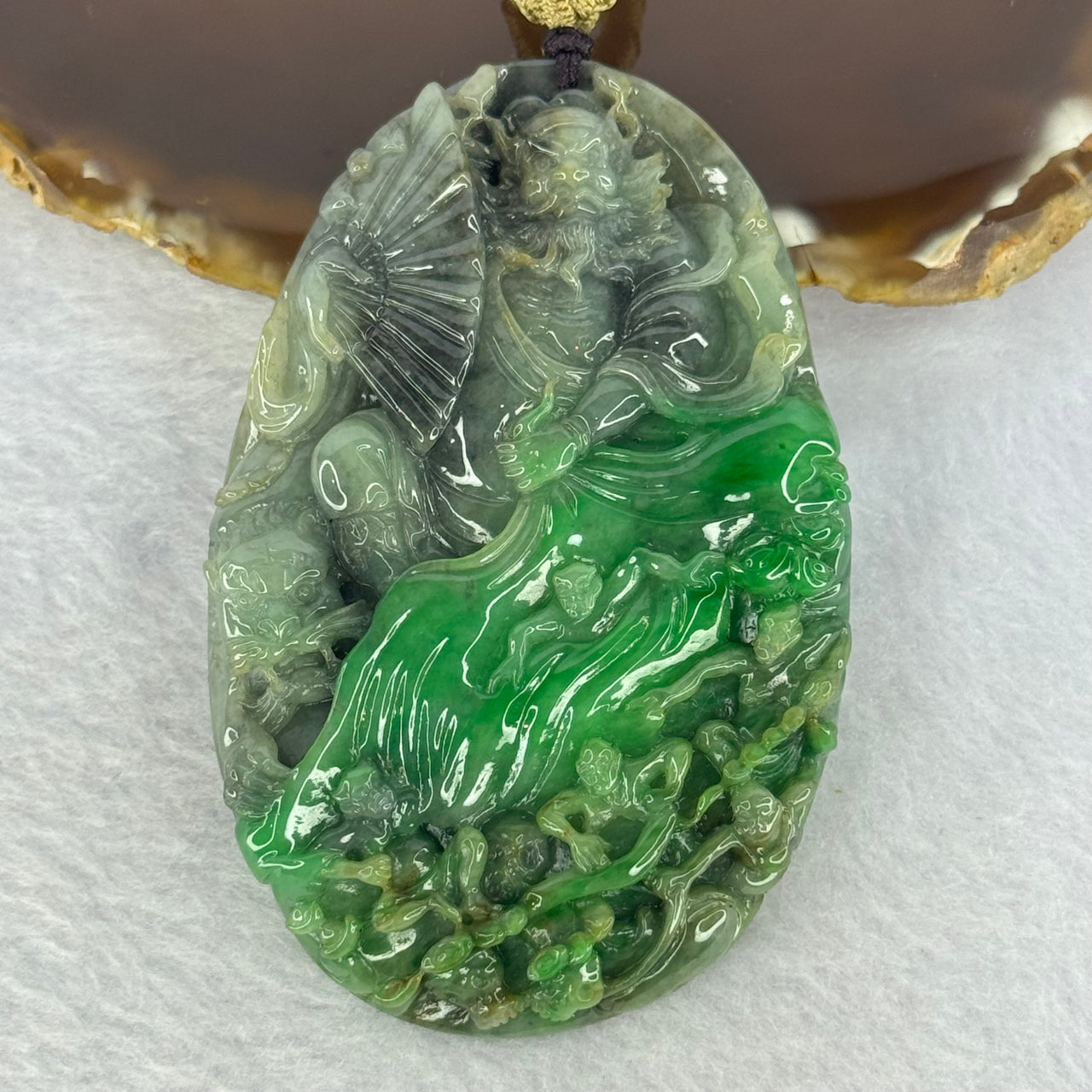 Very Rare Grand Master Type A Spicy Green with Wuji Grey Zhong Kui  with Tiger, Catching Spirits, Ingots and Coins for Indirect Wealth 89.50g 78.7 by 50.6 by 10.7mm