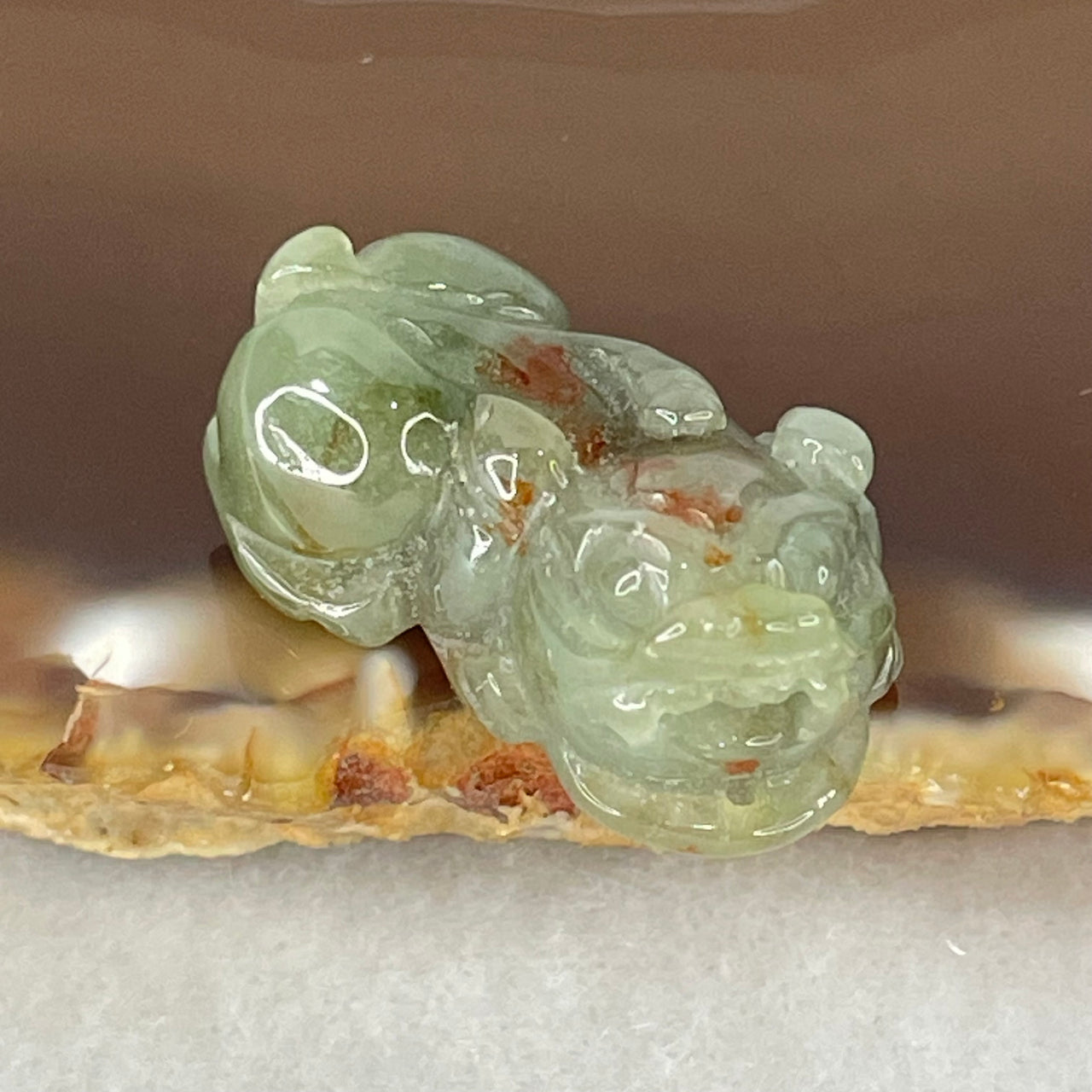 Type A Dark Brown on Blueish Green Jadeite Pixiu Charm 7.34g 24.8 by 14.0 by 11.2mm