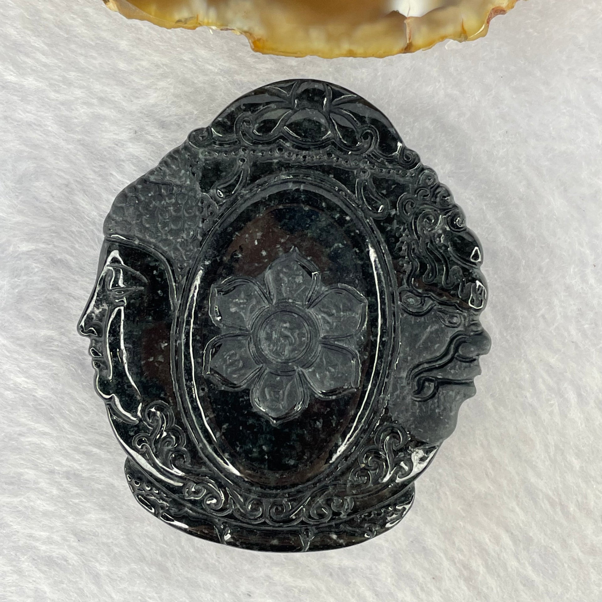 Type A Opaque Black Omphasite Jadeite Guan Yin on Elephant with Good VS Evil Pendent A货墨翠观音 46.80g 50.5 by 44.1 by 12.2mm - Huangs Jadeite and Jewelry Pte Ltd