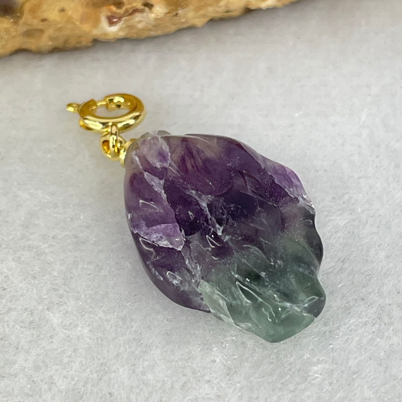 Natural Purple and Green Fluorite 9 Tail Fox Charm Pendant 4.23g 21.7 by 14.9 by 7.0mm