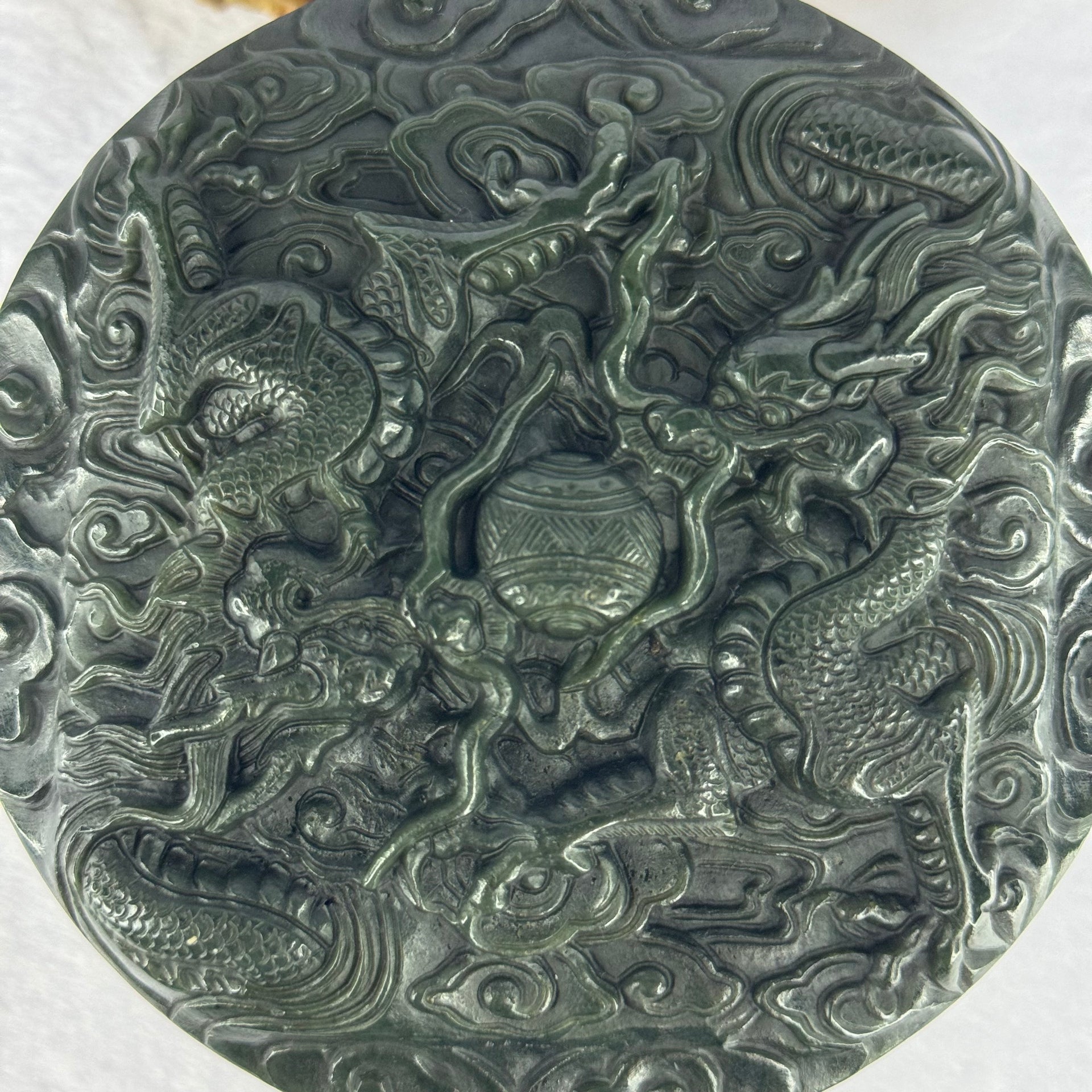 Antique Dark Green Nephrite Double Dragons in Clouds with Flowers and Leaves Seal 1,625.5g 108.2 by 107.6 by 71.6mm - Huangs Jadeite and Jewelry Pte Ltd