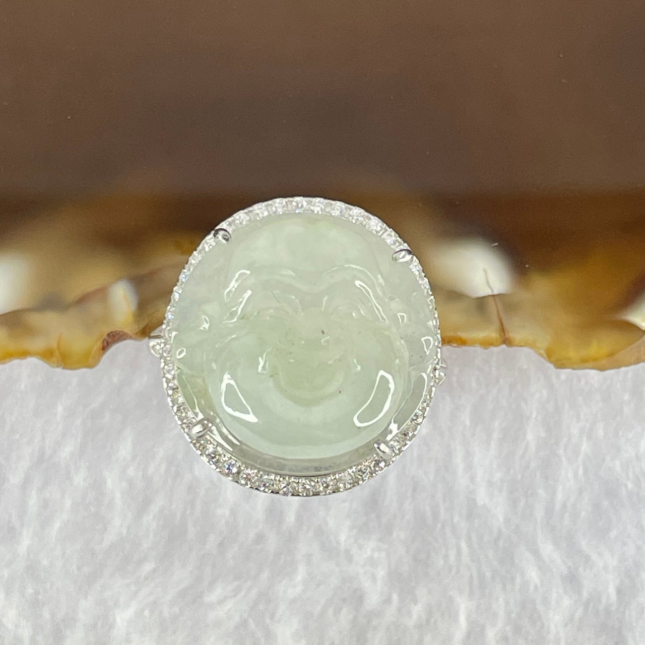 Type A Faint Lavender Green Jadeite Milo Buddha in S925 Ring (Adjustable Size) 5.80g 16.5 by 16.5 by 7.0mm