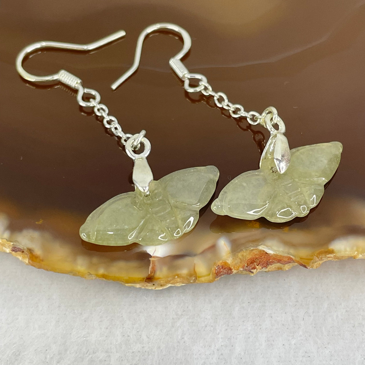 Type A Icy Brownish Green Jadeite Butterfly in S925 Sliver Earrings 2.43g 22.7 by 9.7 by 2.1mm