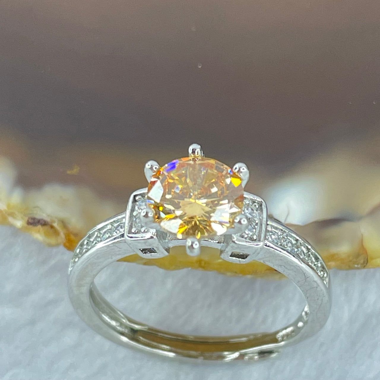 Yellow Cubic Zirconia with Crystals in S925 Sliver Ring (Adjustable Size) 2.16g 6.6 by 4.0mm