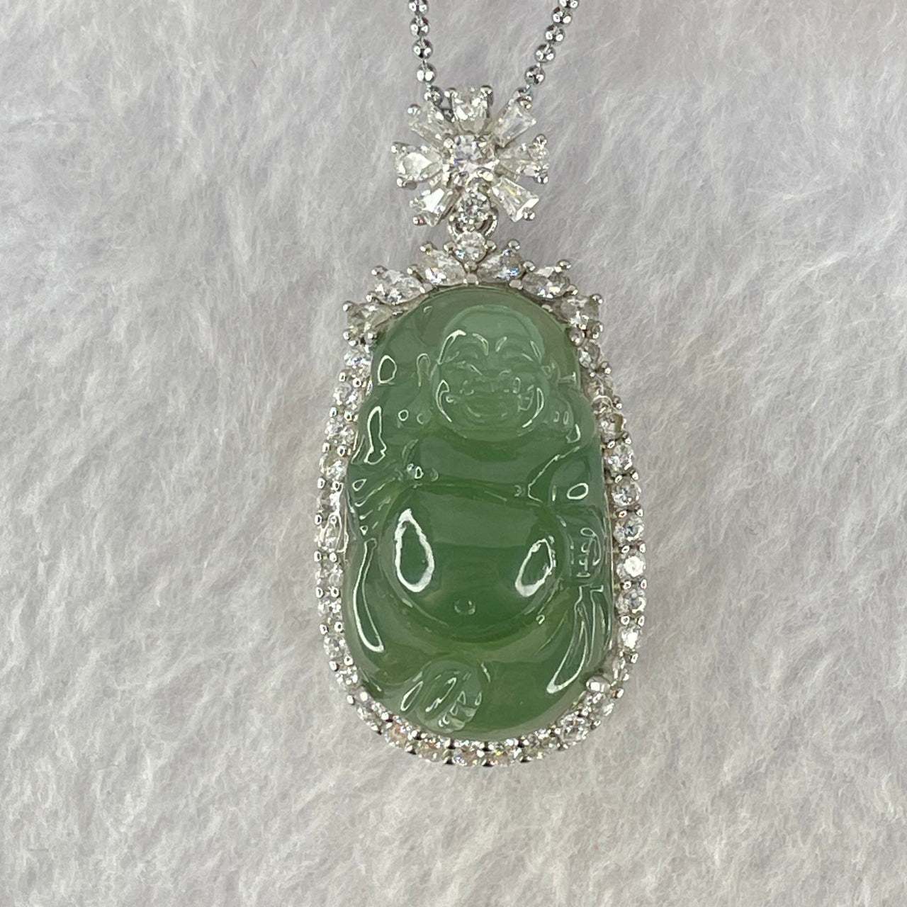 Type A Icy Blueish Green Milo Buddha with Crystals in S925 Sliver Pendant and Necklace 3.92g 26.3 by 15.8 by 6.5mm