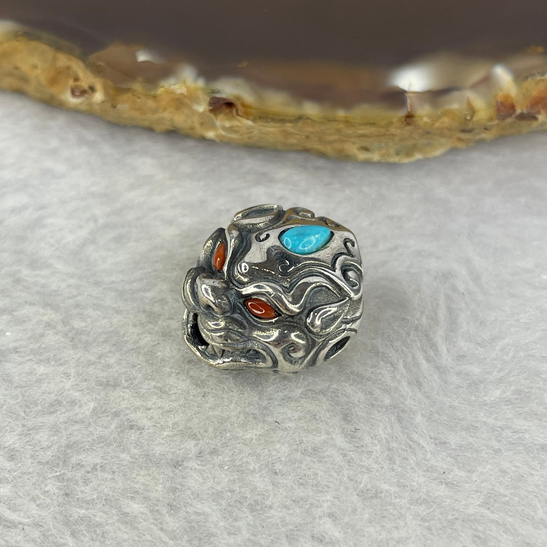 925 Sliver Pixiu with Turquoise Eyes and Red Nan Hong Agate Bracelet Charm 7.34g 16.4 by 16.8 by 12.2mm - Huangs Jadeite and Jewelry Pte Ltd