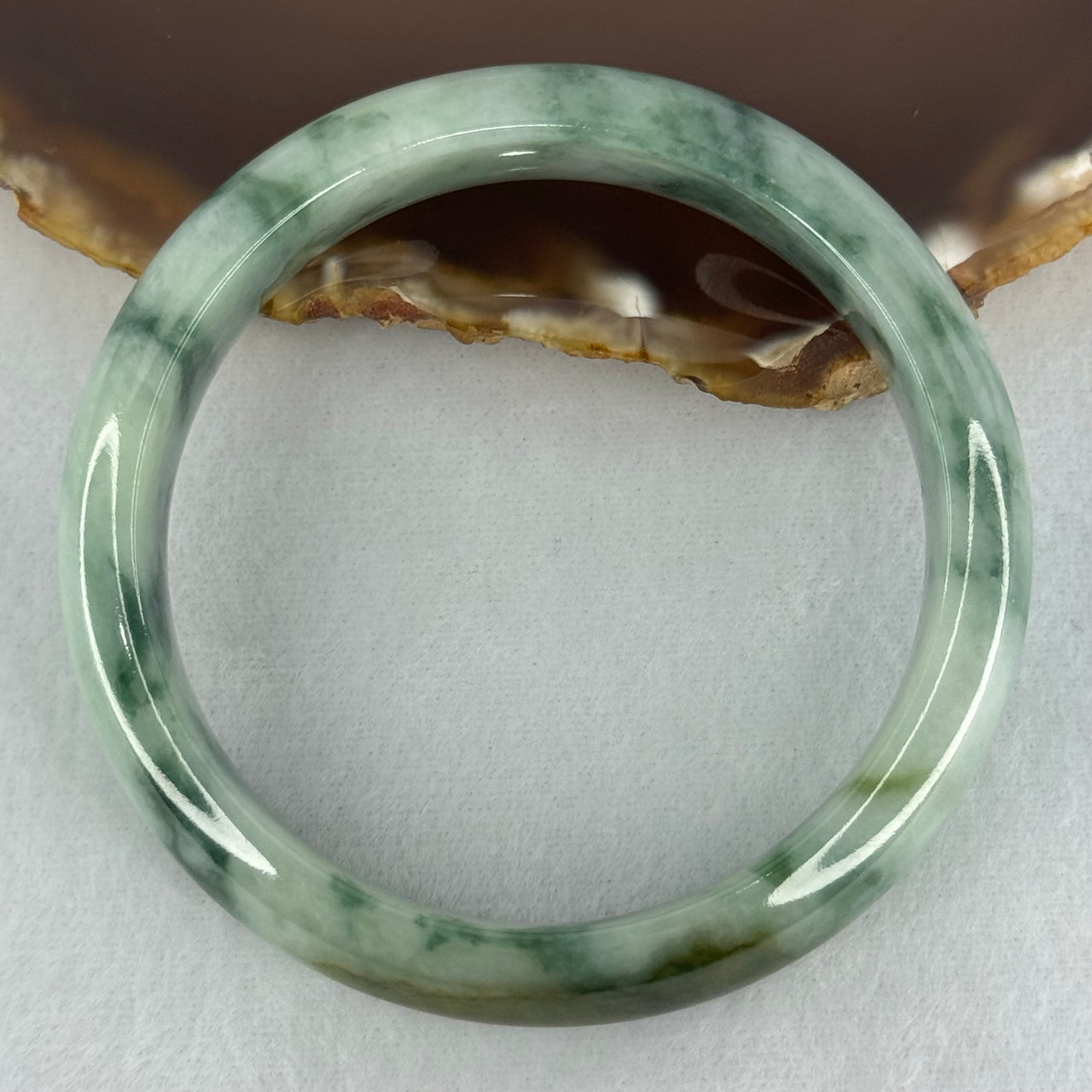 Type A Light Green with Dark Green Piao and Brown Patch Jadeite Bangle Internal Diameter 58.7mm 65.92g 14.9 by 8.5mm (Slight Internal Lines)