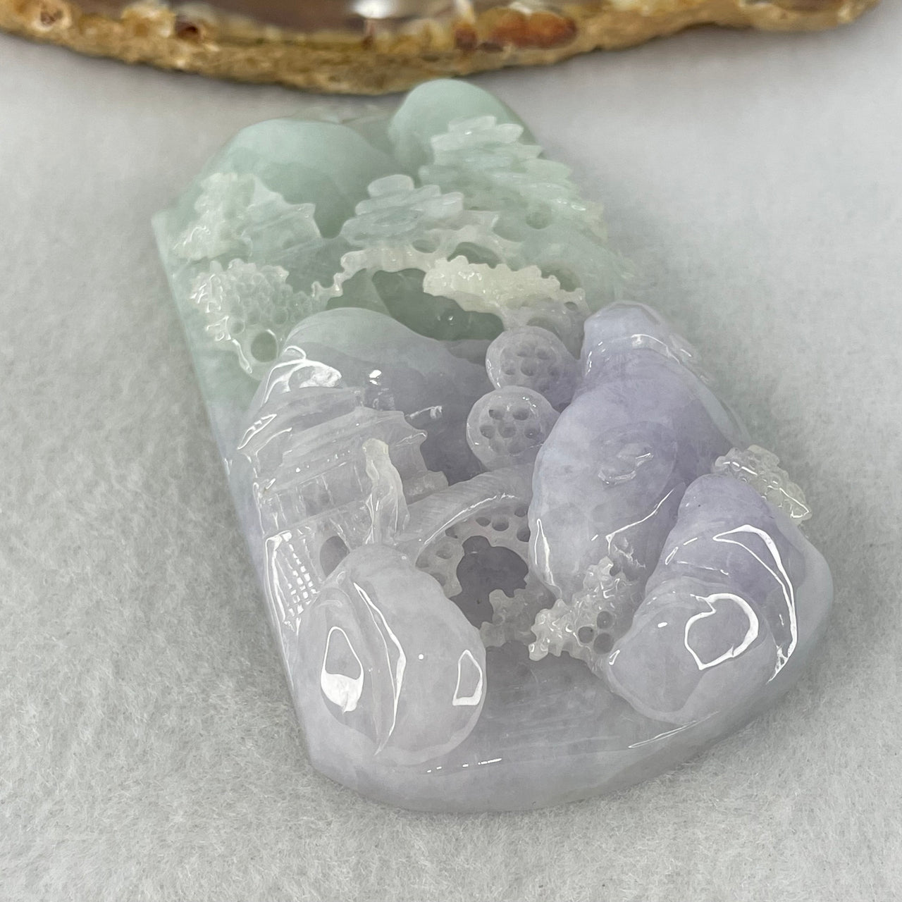 Type A Light Green and Light Lavender Jadeite Double Sided Shan Shui with Guiren Benefactor Pendant 96.41g 77.6 by 44.4 by 14.8mm