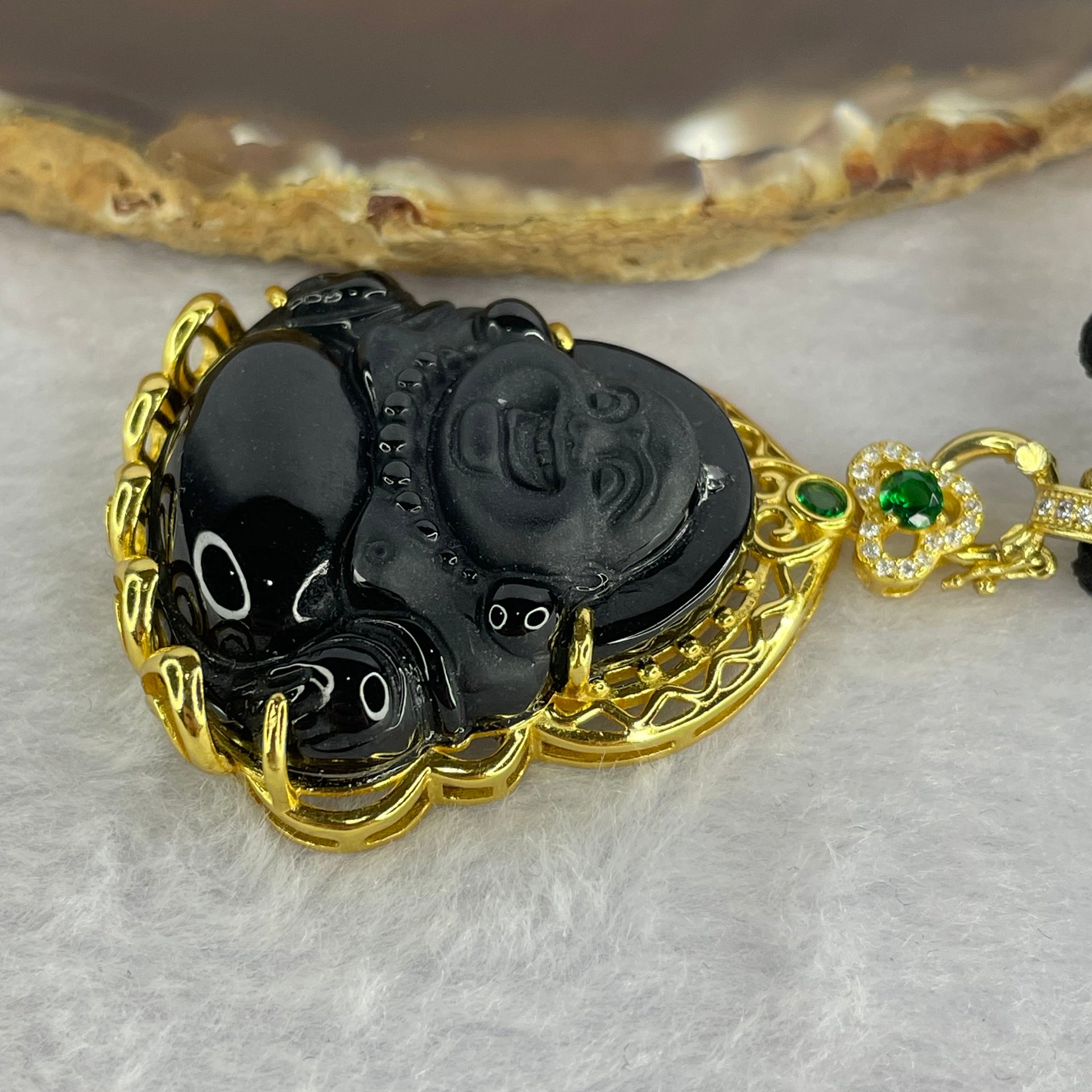 Type A Black Jadeite Milo Buddha in 925 Silver with 925 Silver Necklace 18.48g 46.7 by 31.9 by 11.2mm - Huangs Jadeite and Jewelry Pte Ltd