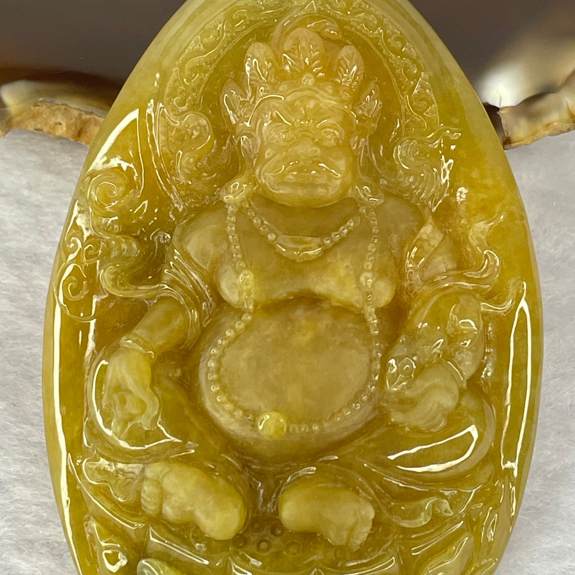 Grand Master Very Translucent Type A Yellow Jadeite Huang Cai Shen 黄财神 Yellow Jambhala 36.99g 62.6 by 40.8 by 10.8mm with Wooden Stand - Huangs Jadeite and Jewelry Pte Ltd