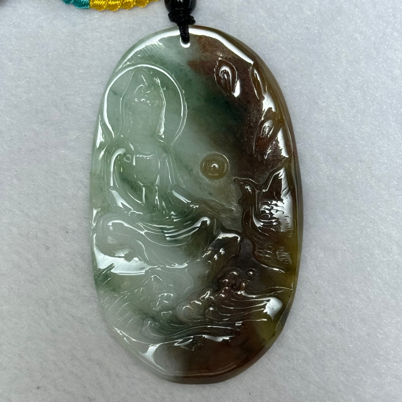 Grandmaster Certified Type A Green Lavender and Brown Jadeite Guan Yin and Phoenix Pendent 44.43g 68.7 by 41.2 by 6.3mm - Huangs Jadeite and Jewelry Pte Ltd