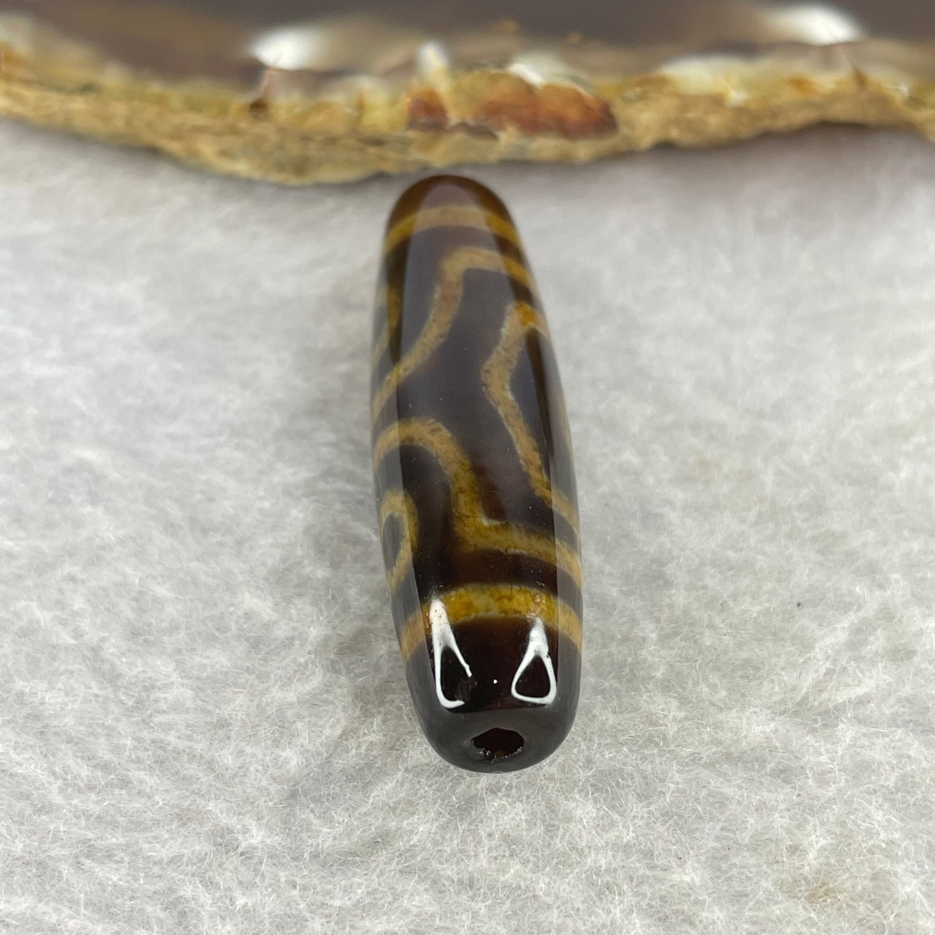 Natural Powerful Tibetan Old Oily Agate 3 Eyes Dzi Bead Heavenly Master (Tian Zhu) 三眼天诛 6.97g by 37.6 by 11.1 mm - Huangs Jadeite and Jewelry Pte Ltd