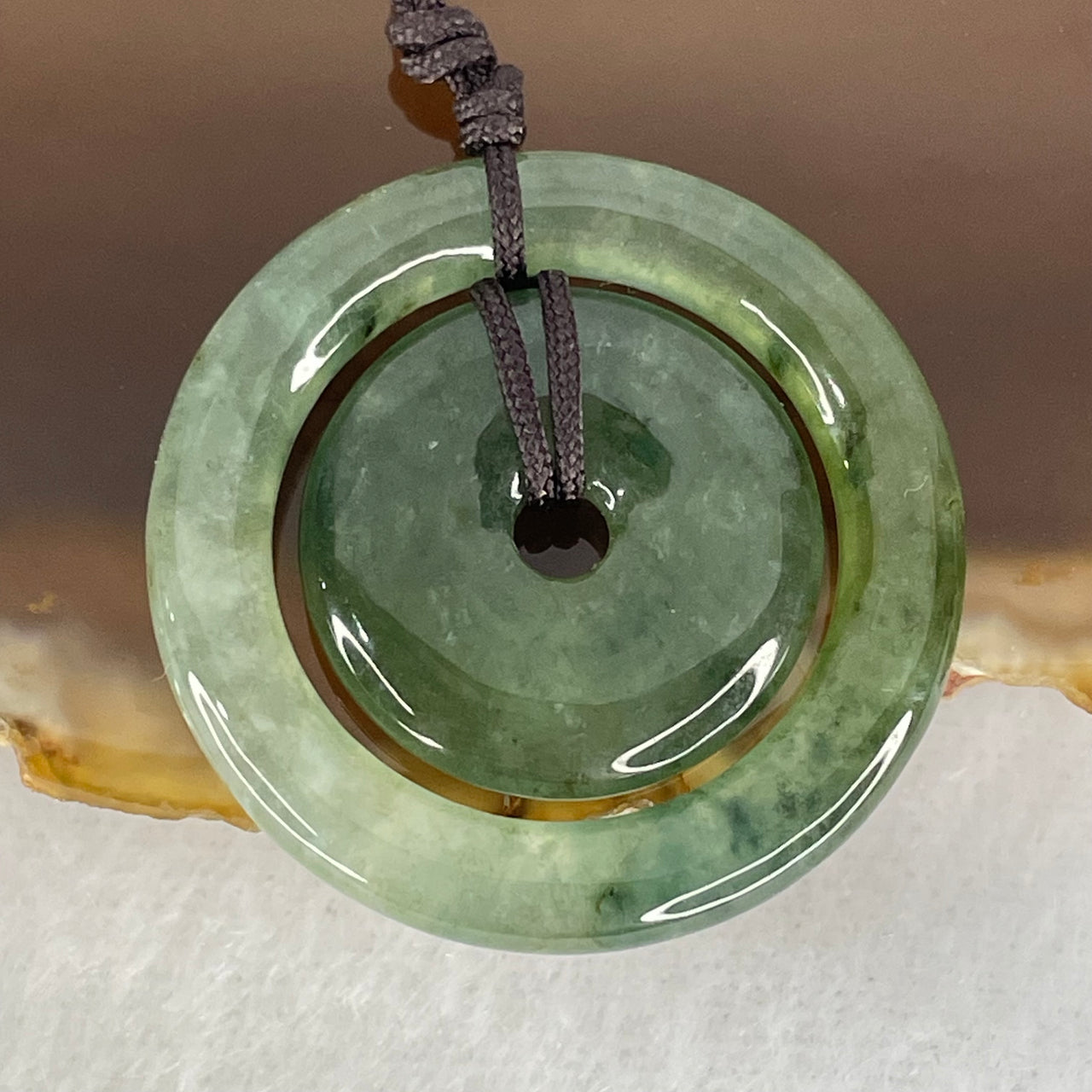 Type A Semi Icy Green Jadeite Double Ping An Kou Donut Pendant 5.16g 3.4 by 4.5mm 17.5 by 3.6mm US9.2/HK20.5