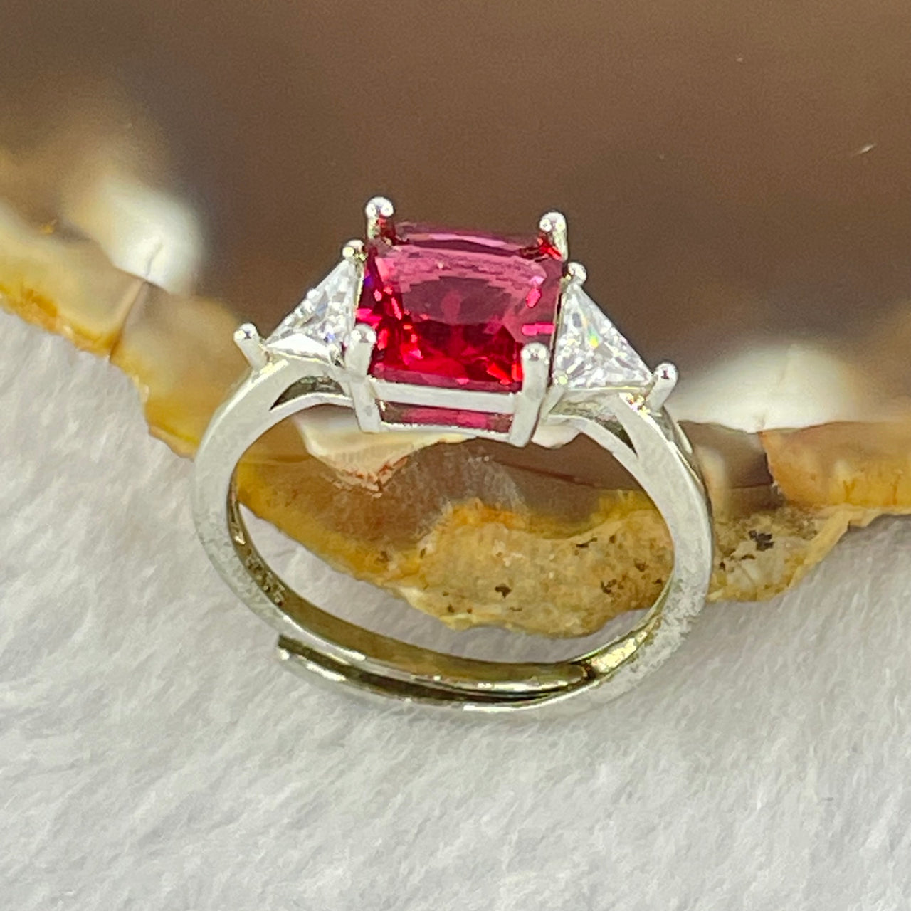 Red and Colourless Cubic Zirconia in S925 Sliver Ring (Adjustable Size) 1.85g 7.3 by 6.9 by 4.5mm