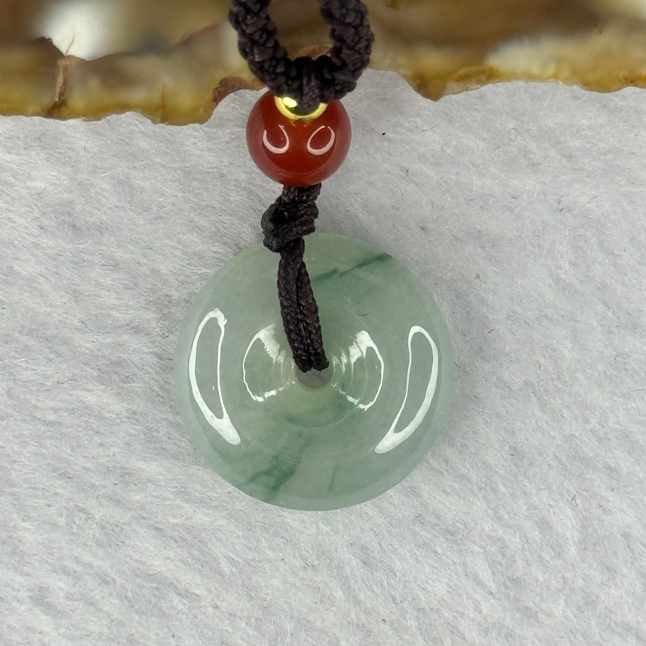 Type A Semi Icy Light Green and Blueish Green Piao Hua Jadeite Ping An Kou Donut Pendent 青色翡翠平安扣牌 2.58g 16.5 by 5.0mm - Huangs Jadeite and Jewelry Pte Ltd