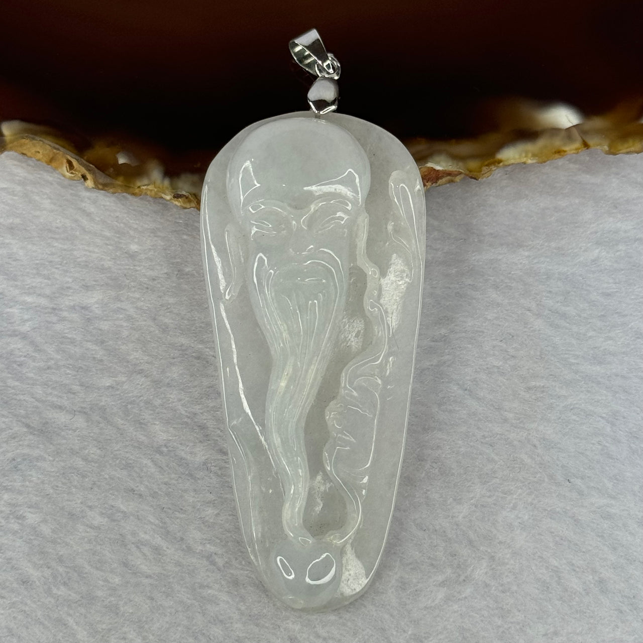 Type A Light Lavender Green Jadeite Shou Xing Gong Pendent With 18KGP Sliver Claps 24.08g 64.4 by 29.3 by 9.8mm