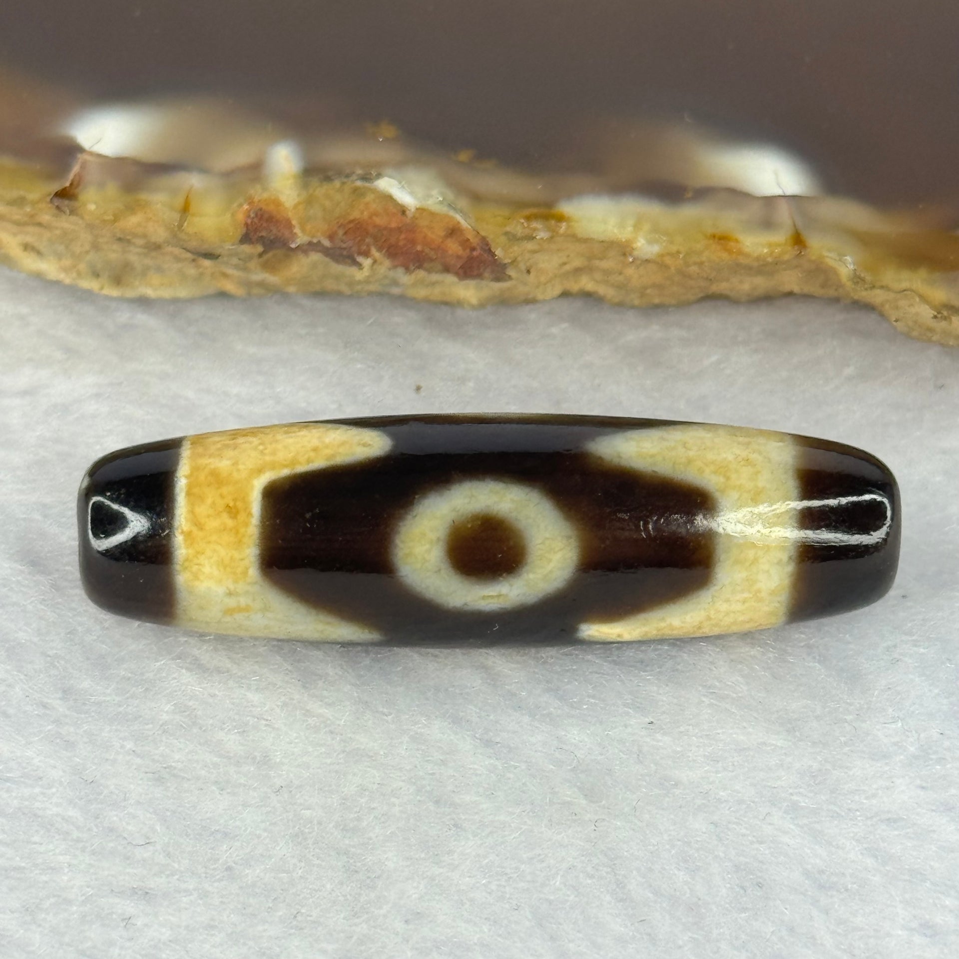 Natural Powerful Tibetan Old Oily Agate 3 Eyes Dzi Bead Heavenly Master (Tian Zhu) 三眼天诛 7.42g 38.8 by 11.4mm - Huangs Jadeite and Jewelry Pte Ltd