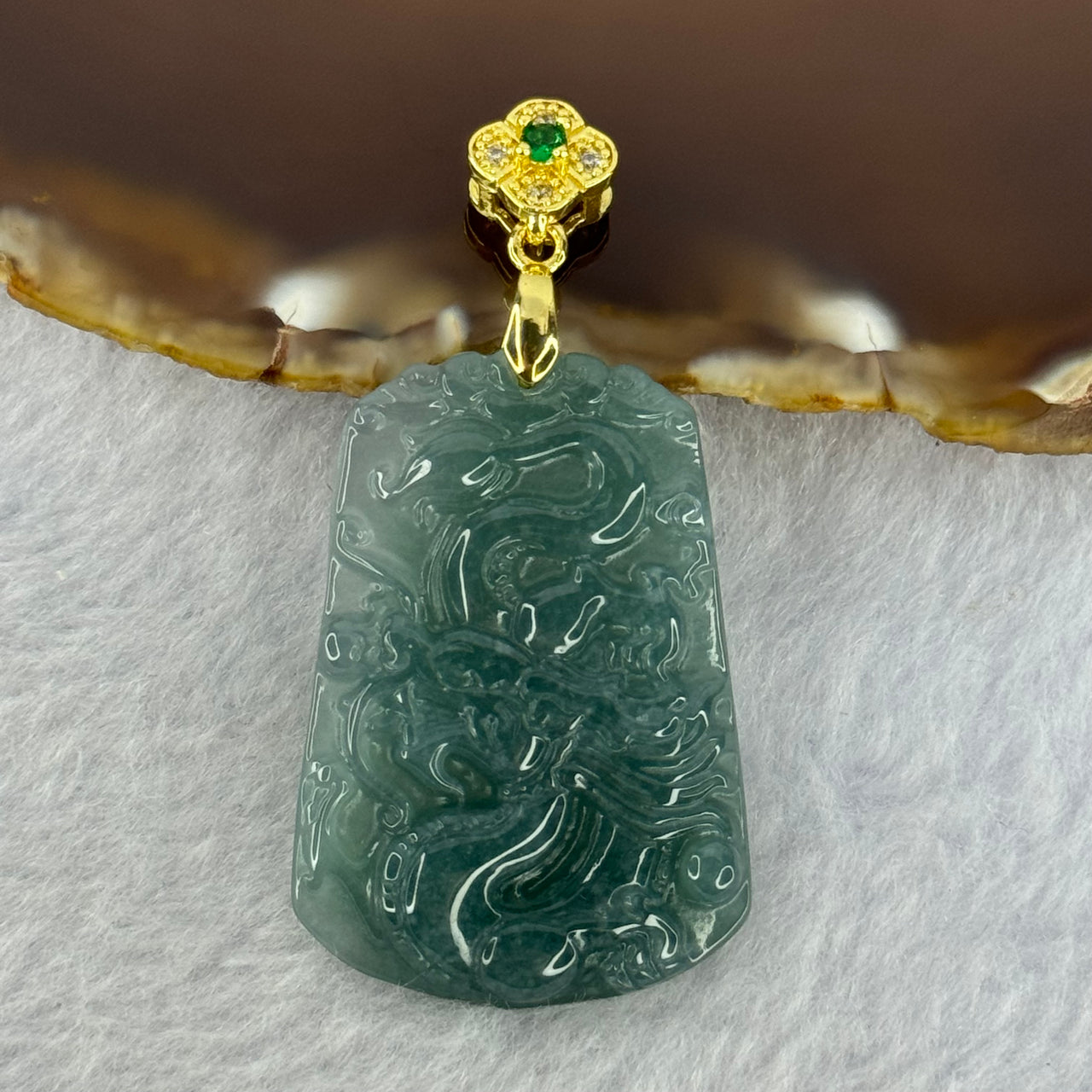 Type A Icy Blueish Green Jadeite Dragon Pendent 10.26g 38.4 by 26.6 by 4.8mm