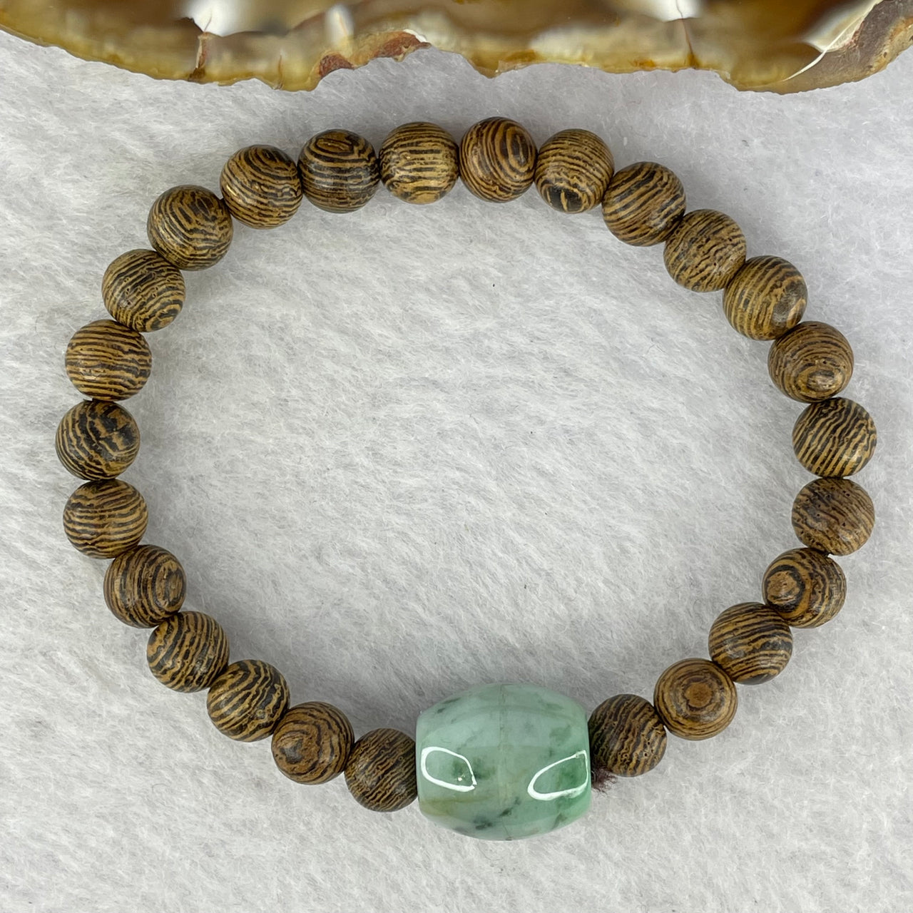 Type A Green Piao Hua Jadeite Lulu Tong Barrel in Natural Wood Beads Bracelet 6.43g 13cm 13.1 by 17.8mm - Huangs Jadeite and Jewelry Pte Ltd