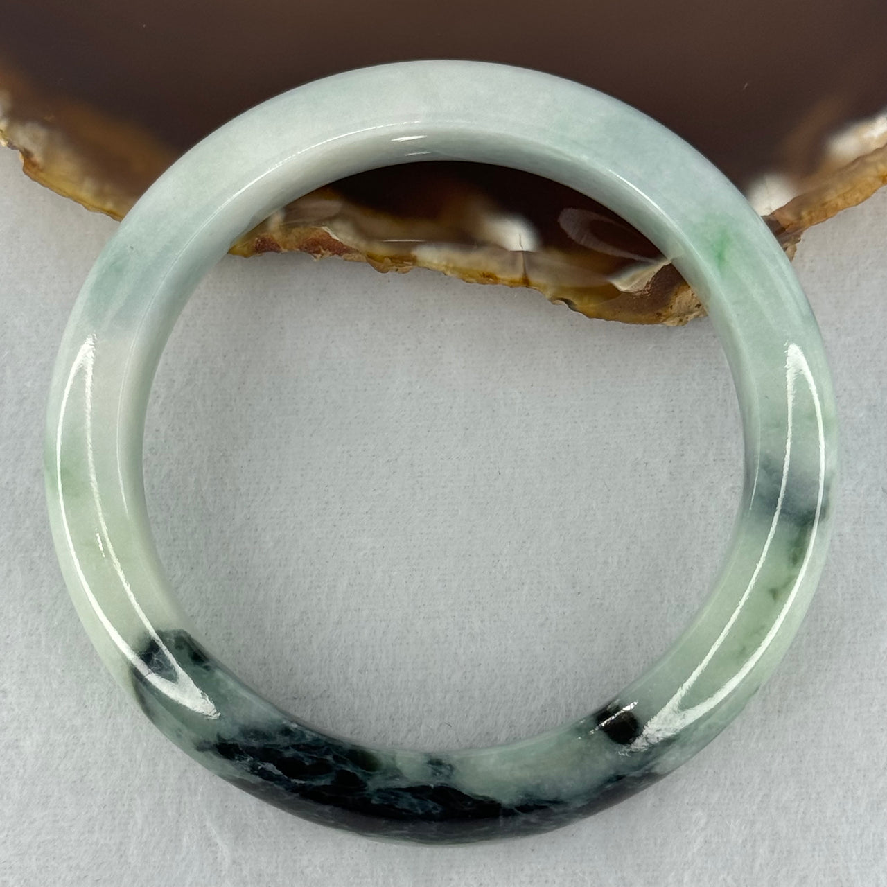 Type A Light Green with Dark Green Patches Jadeite Bangle Internal Diameter 58.0mm 68.19g 13.8 by 9.0mm (Slight External Rough)